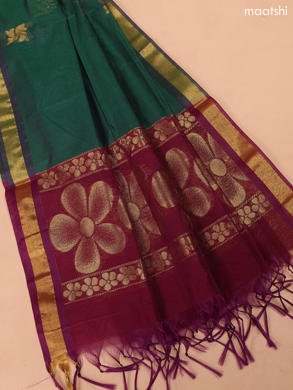Dark Maroon and Dark Green Semi Silk Cotton Dress Material With Zari Buttas and Bottom & Dupatta