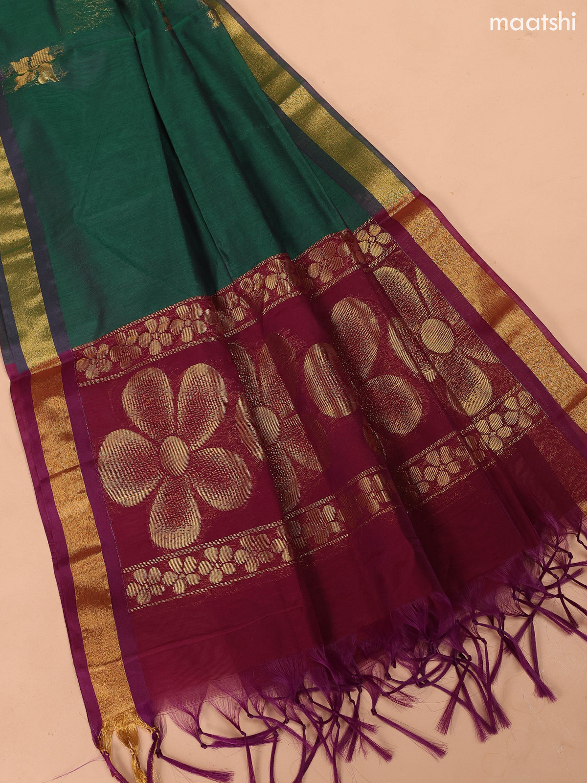 Dark Maroon and Dark Green Semi Silk Cotton Dress Material With Zari Buttas and Bottom & Dupatta