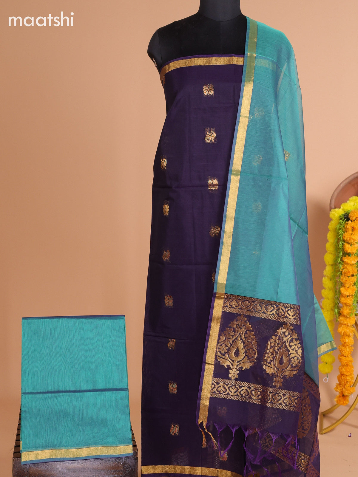 Dark Purple and Teal Green Semi Silk Cotton Dress Material With Zari Buttas and Bottom & Dupatta