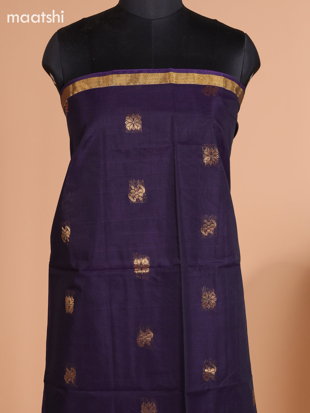 Dark Purple and Teal Green Semi Silk Cotton Dress Material With Zari Buttas and Bottom & Dupatta