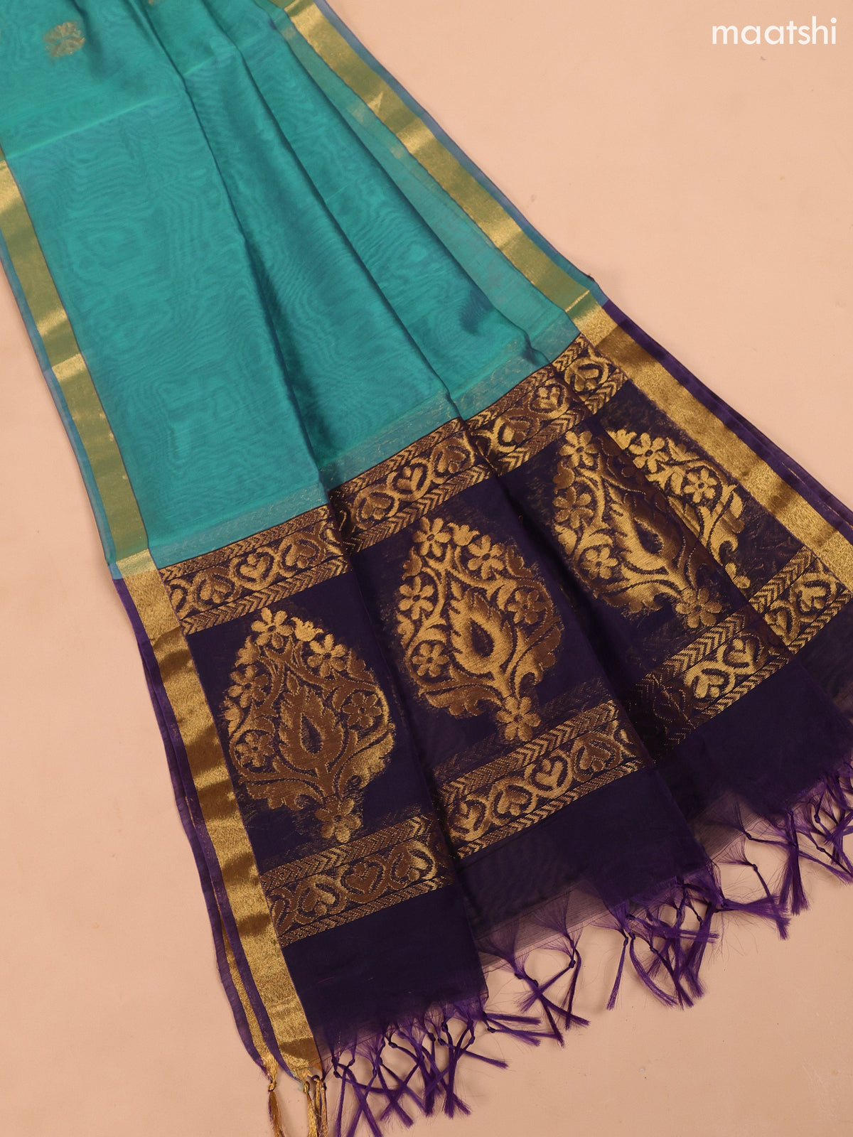 Dark Purple and Teal Green Semi Silk Cotton Dress Material With Zari Buttas and Bottom & Dupatta