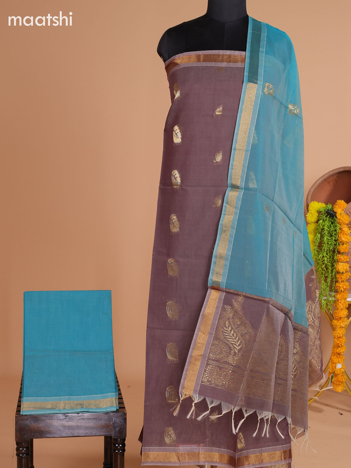 Pastel Brown and Teal Blue Semi Silk Cotton Dress Material With Zari Buttas and Bottom & Dupatta