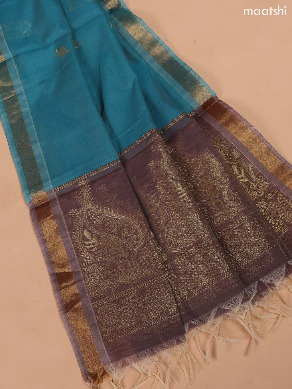 Pastel Brown and Teal Blue Semi Silk Cotton Dress Material With Zari Buttas and Bottom & Dupatta