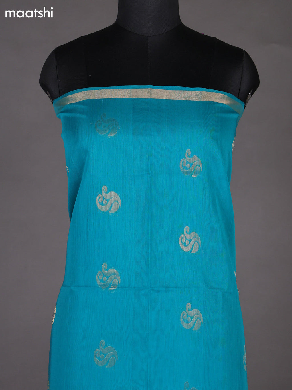 Teal Blue and Navy Blue Silk Cotton Dress Material With Zari Woven Buttas