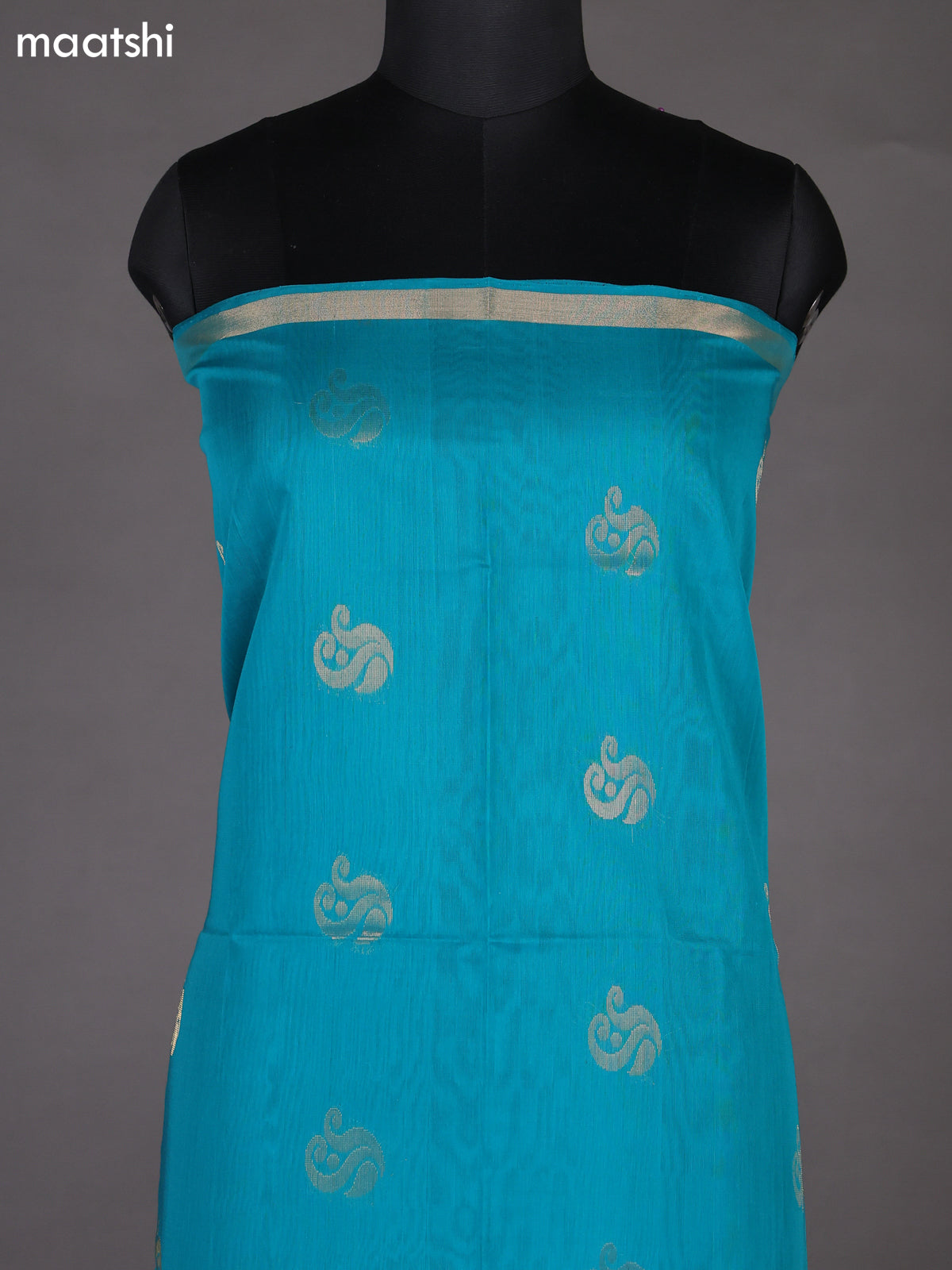 Teal Blue and Navy Blue Silk Cotton Dress Material With Zari Woven Buttas