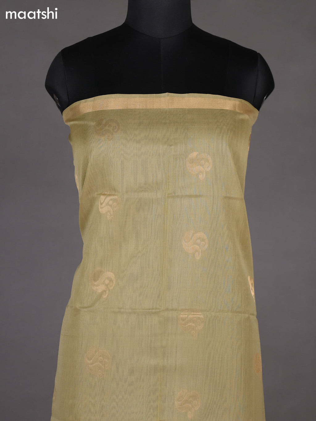 Elaichi Green and Peach Pink Silk Cotton Dress Material With Zari Woven Buttas