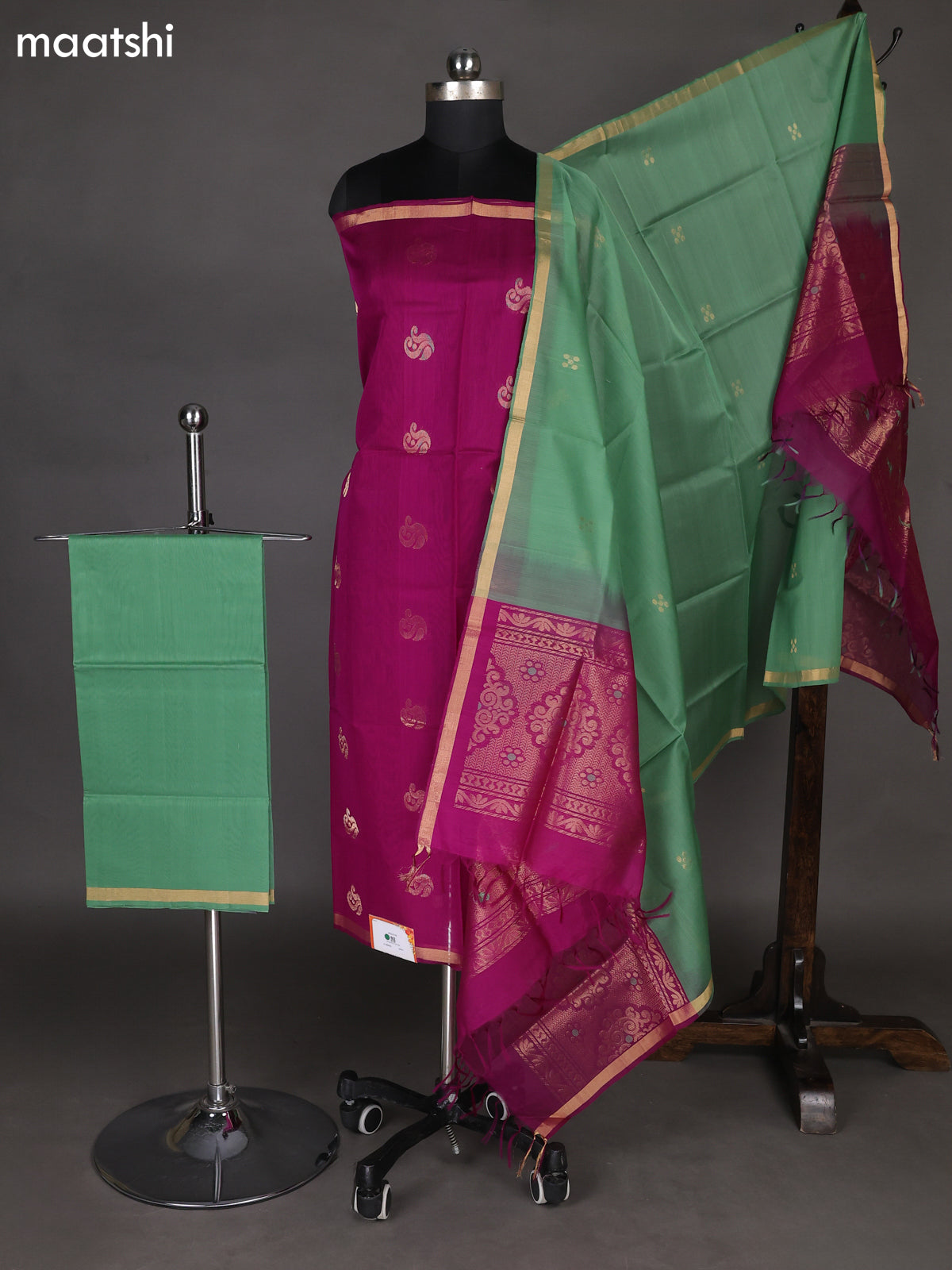 Dark Purple and Green Silk Cotton Dress Material With Zari Woven Butta Maatshi Dark Purple and Green Silk Cotton Dress Material With Zari Woven Butta Maatshi