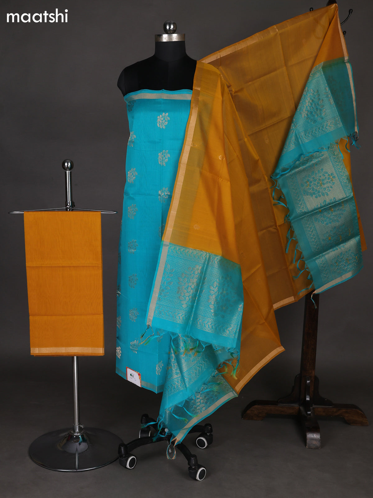 Teal Green and Mustard Yellow Silk Cotton Dress Material With Zari Woven Buttas