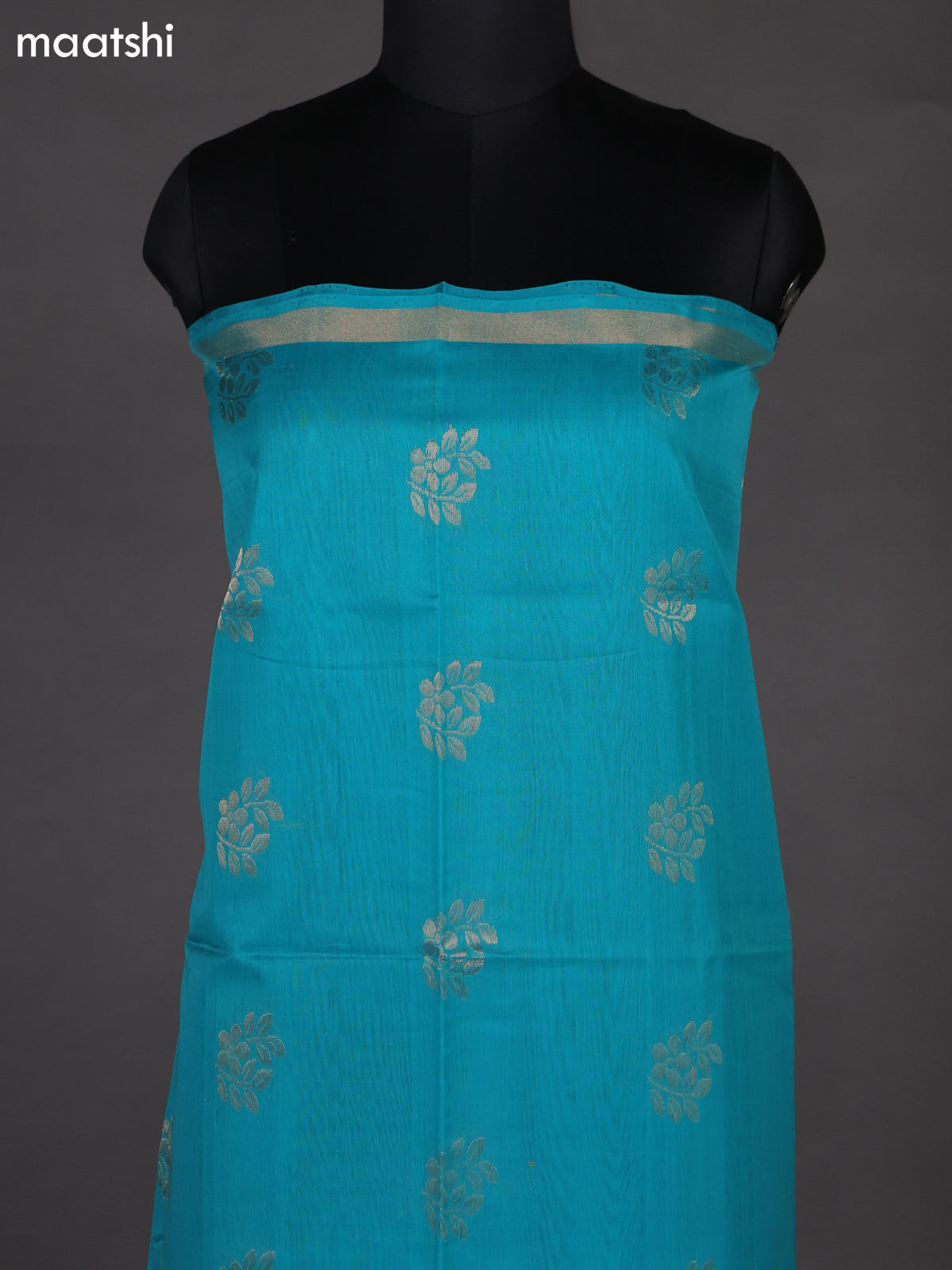 Teal Green and Mustard Yellow Silk Cotton Dress Material With Zari Woven Buttas