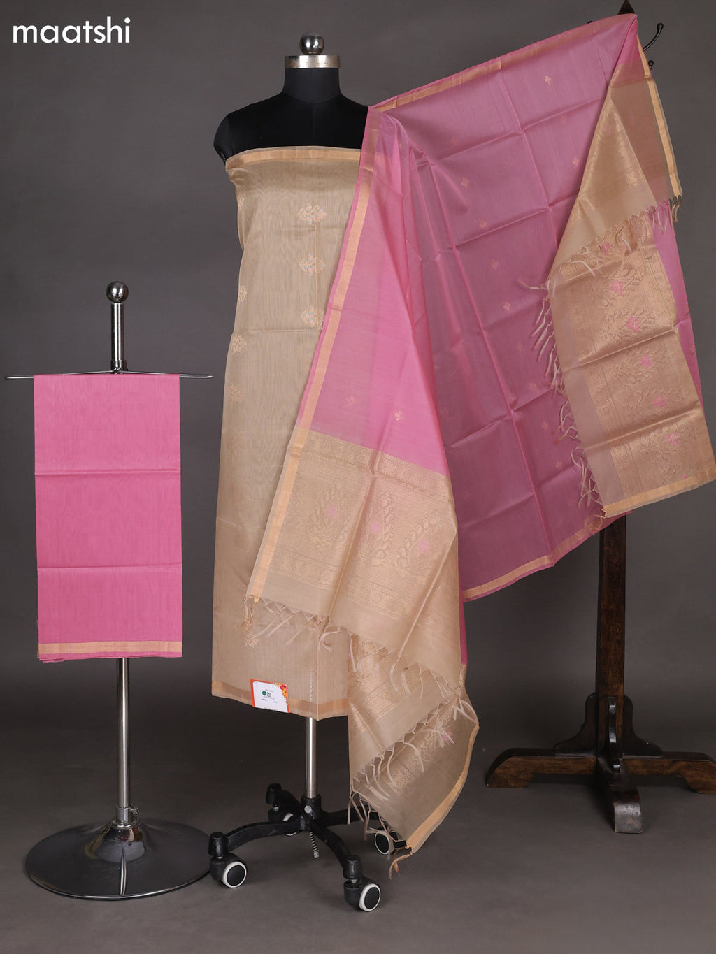 Beige and Peach Pink Silk Cotton Dress Material With Zari Woven Buttas