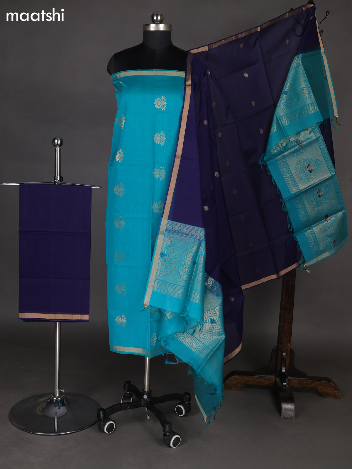 Teal Green and Navy Blue Silk Cotton Dress Material With Zari Woven Buttas