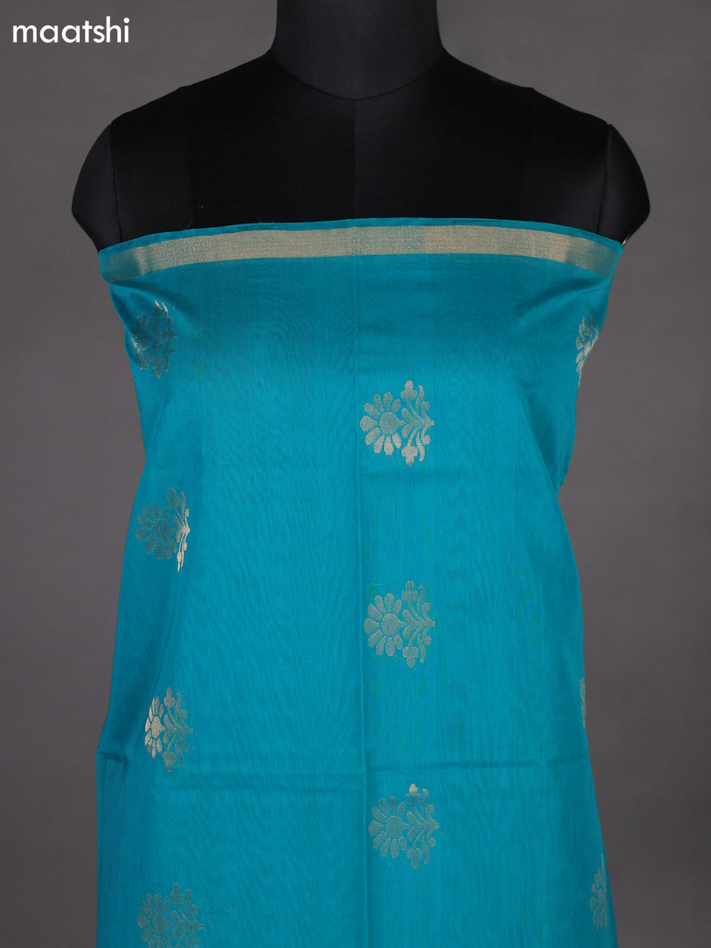 Teal Green and Navy Blue Silk Cotton Dress Material With Zari Woven Buttas