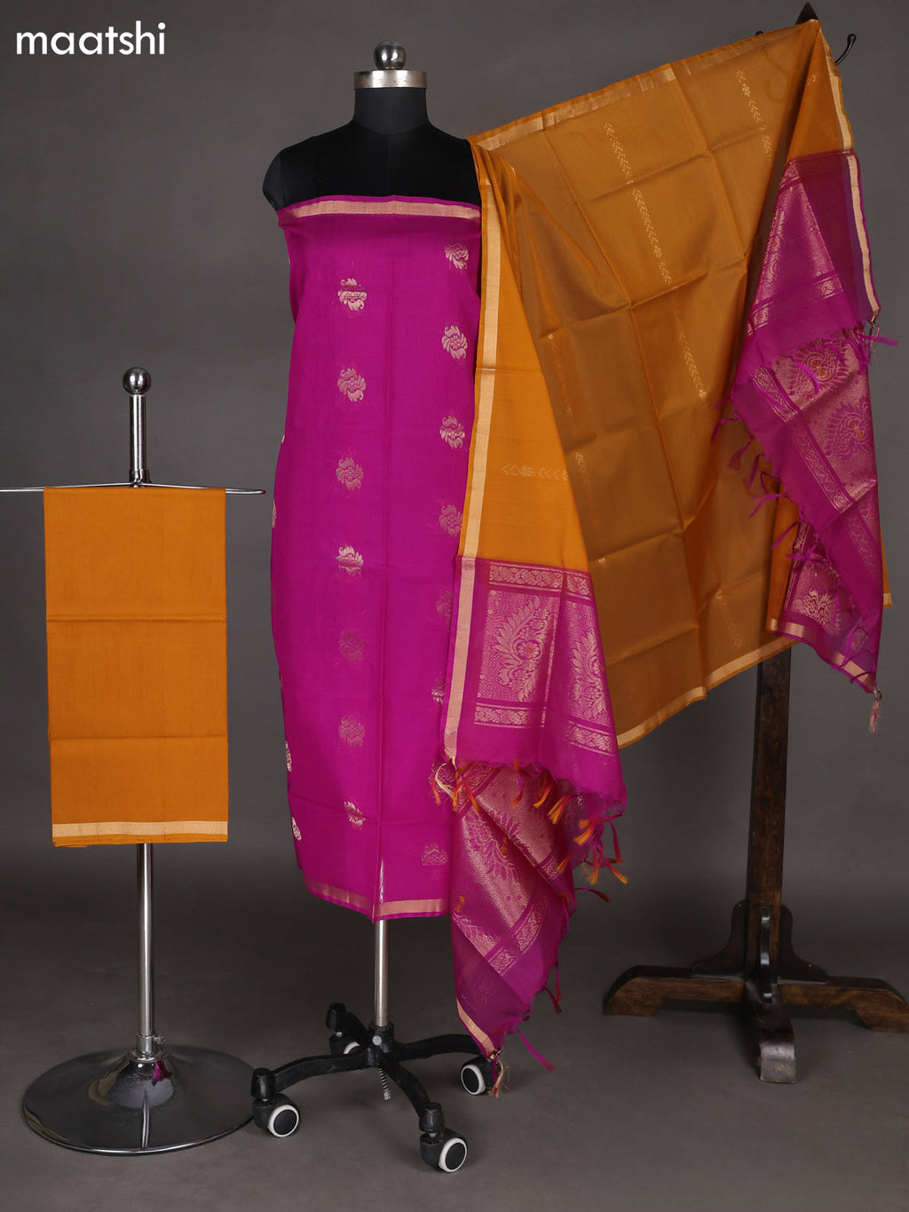 Purple and Dark Mustard Silk Cotton Dress Material With Zari Woven Buttas