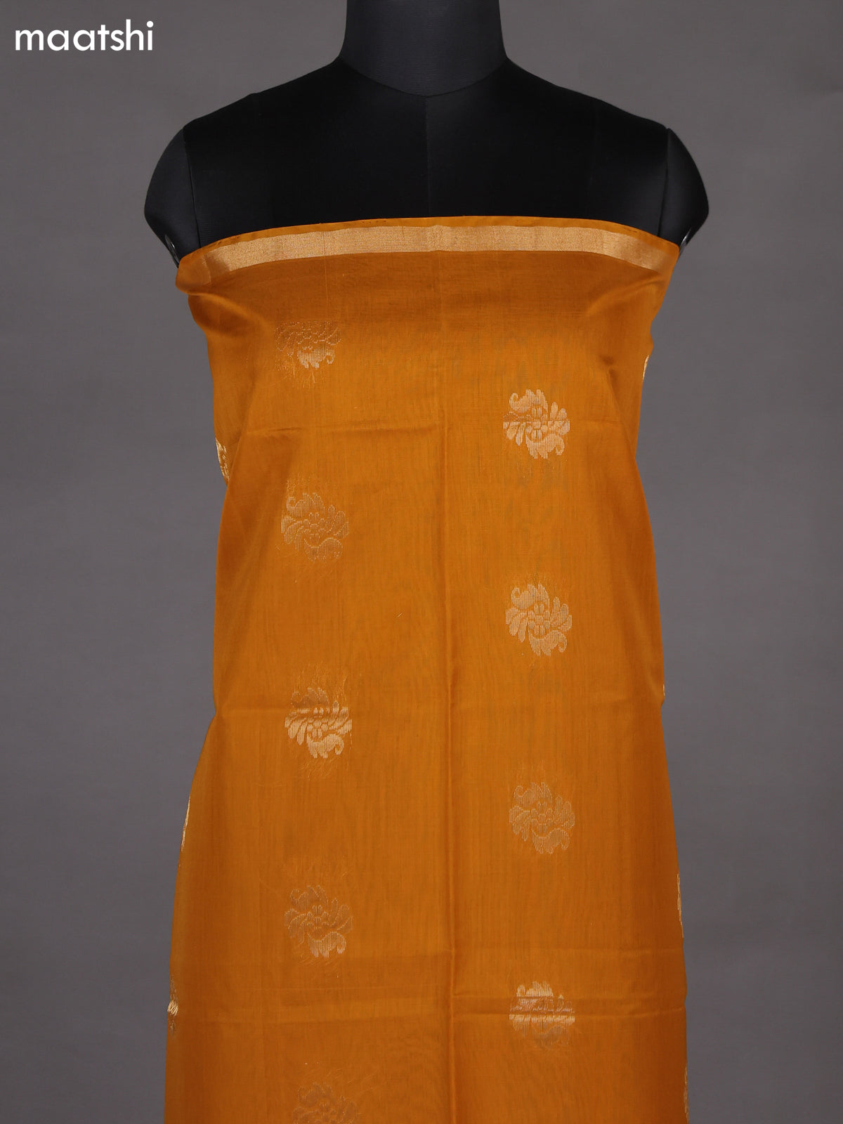 Dark Mustard and Purple Silk Cotton Dress Material With Zari Woven Buttas