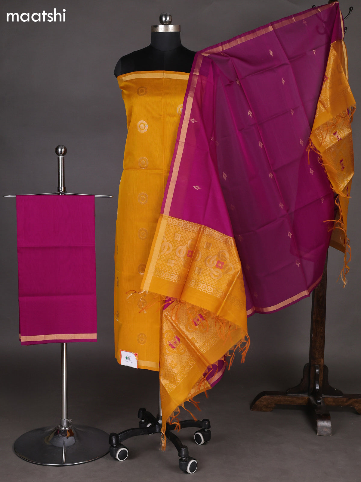 Mustard Yellow and Purple Silk Cotton Dress Material With Zari Woven Buttas