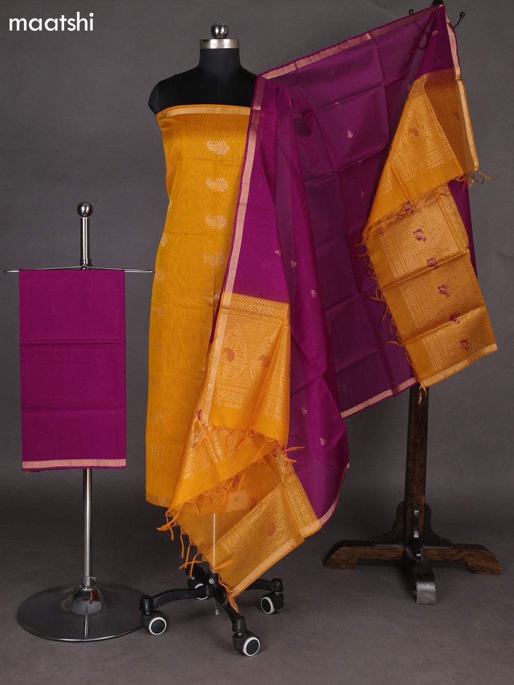Mustard Yellow and Purple Silk Cotton Dress Material With Zari Woven Buttas