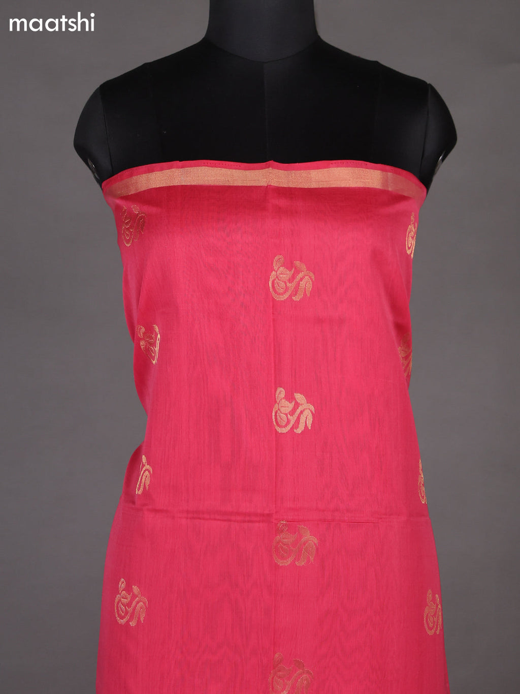 Peach Pink and Lime Green Silk Cotton Dress Material With Zari Woven Buttas