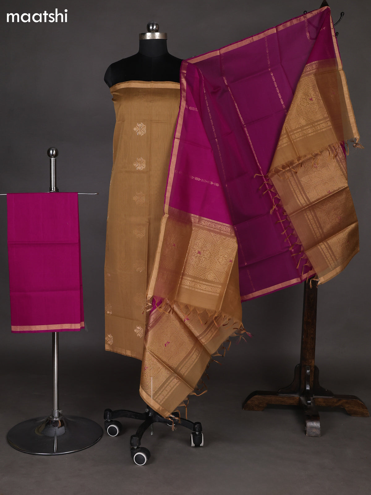 Dark Sandal and Purple Silk Cotton Dress Material With Zari Woven Buttas