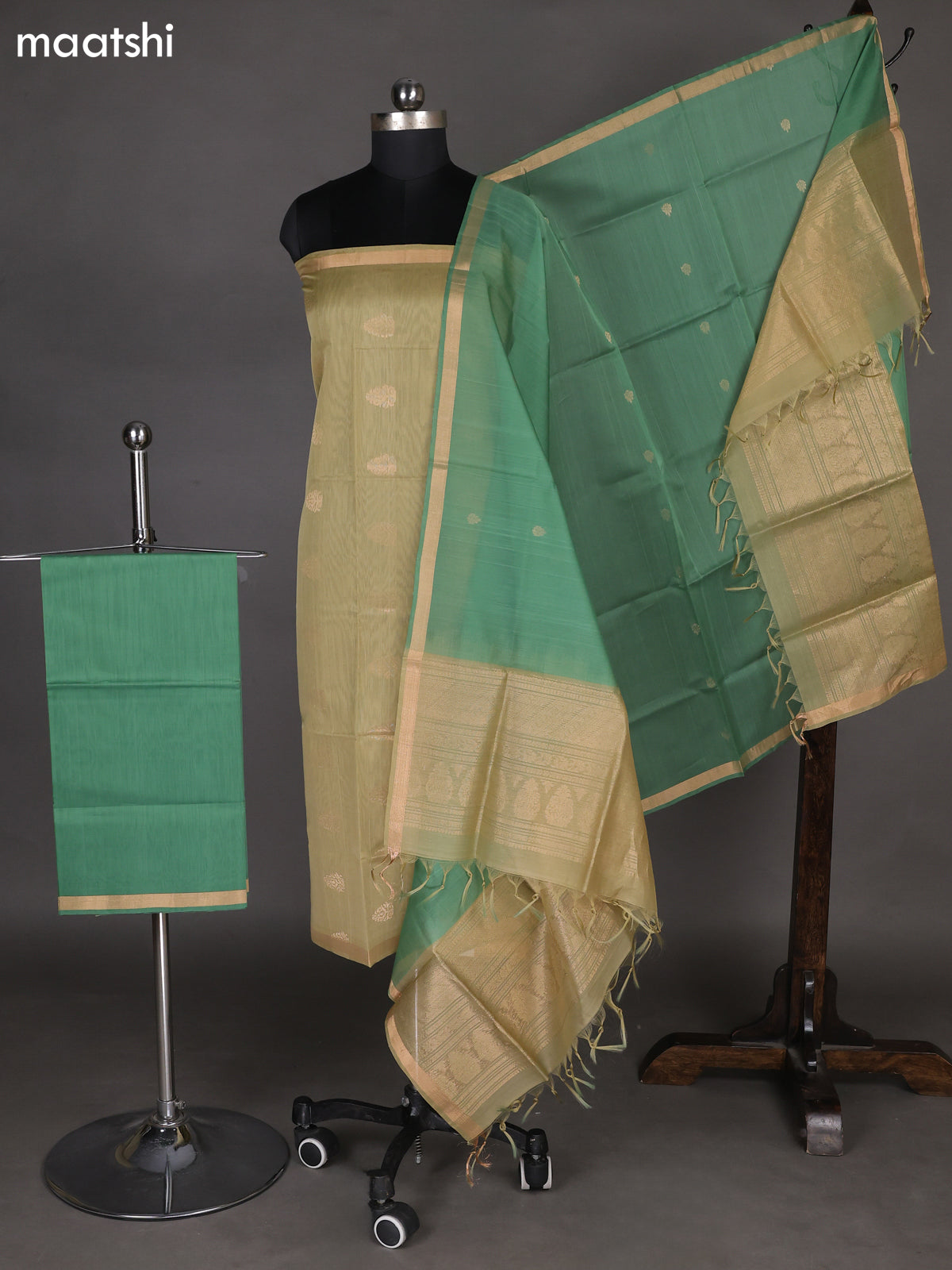 Elaichi Green and Green Silk Cotton Dress Material With Zari Woven Buttas