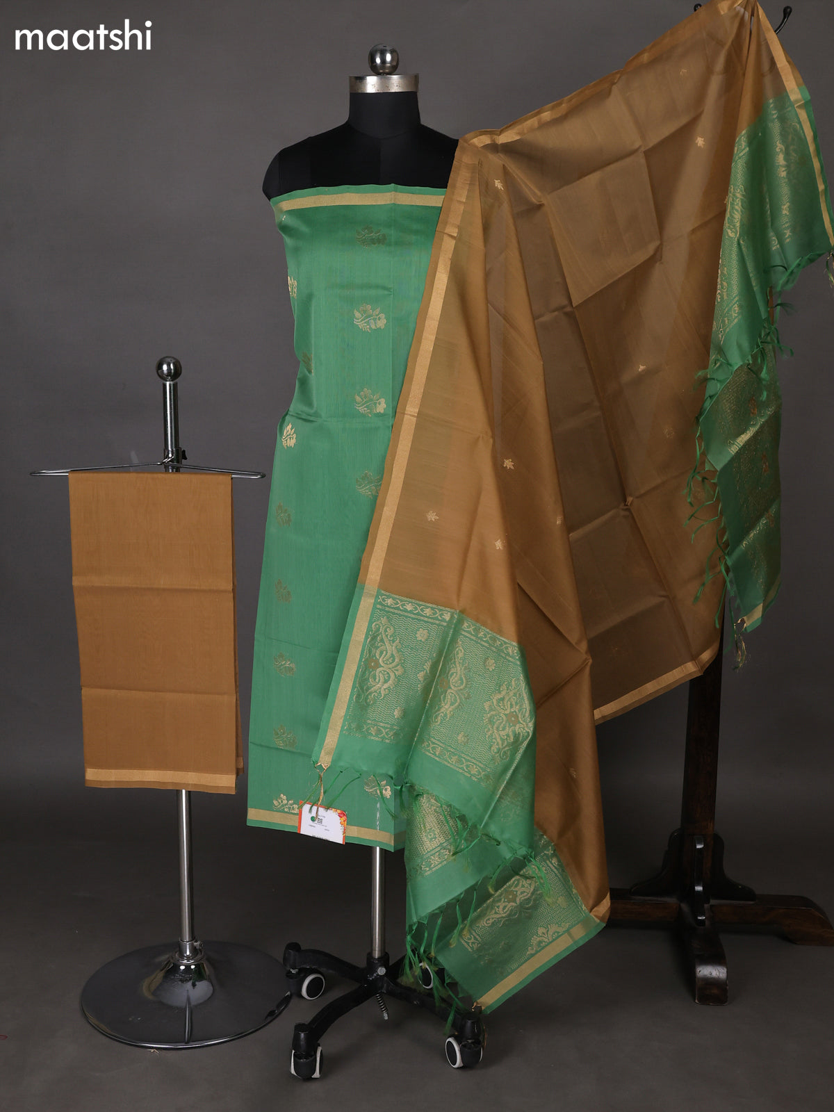 Green and Dark Sandal Silk Cotton Dress Material With Zari Woven Buttas
