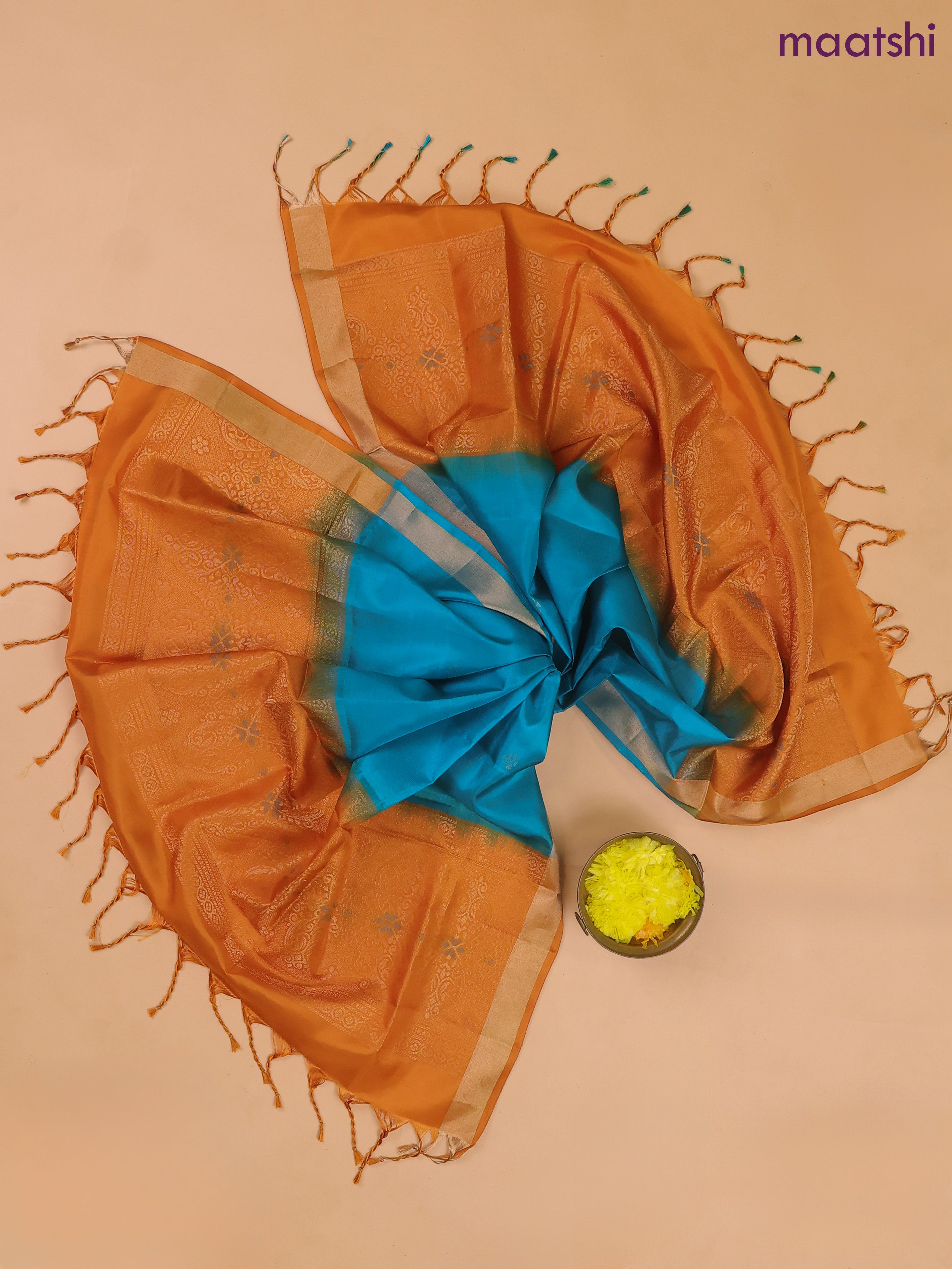 Rustic Orange and Teal Blue Pure Silk Dress Material With Zari Buttas
