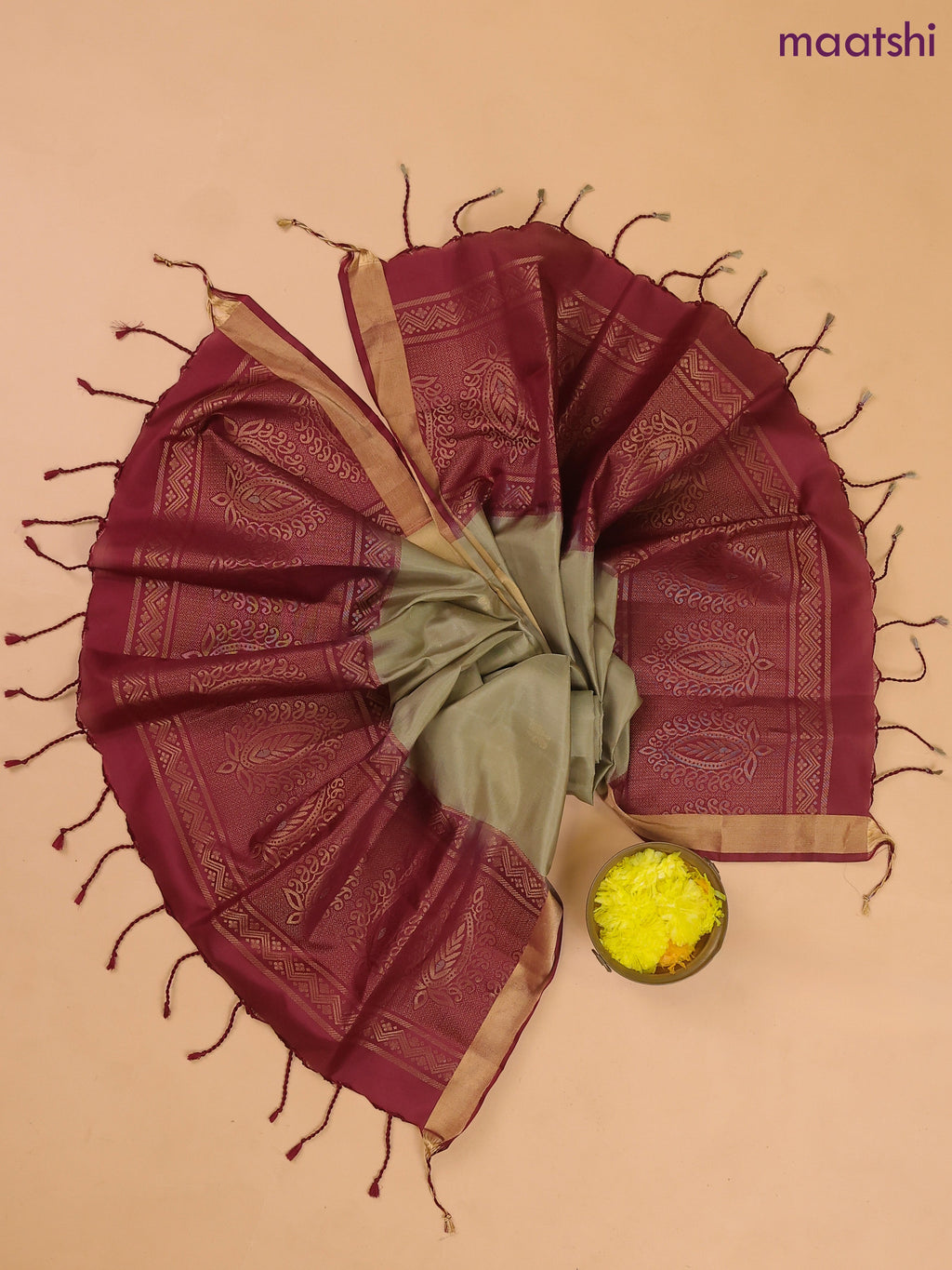Maroon and Elaichi Green Pure Silk Dress Material With Zari Buttas