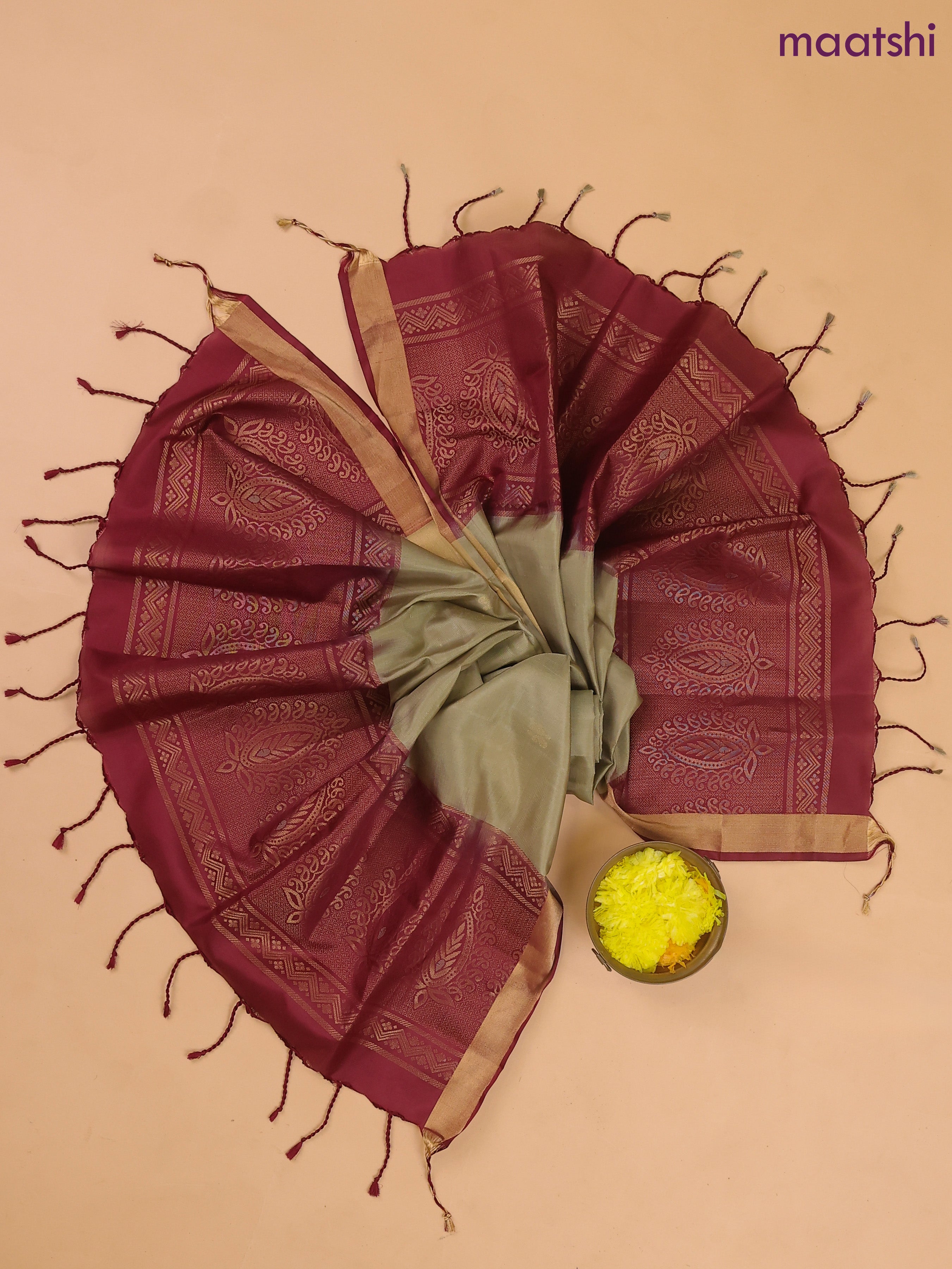 Maroon and Elaichi Green Pure Silk Dress Material With Zari Buttas