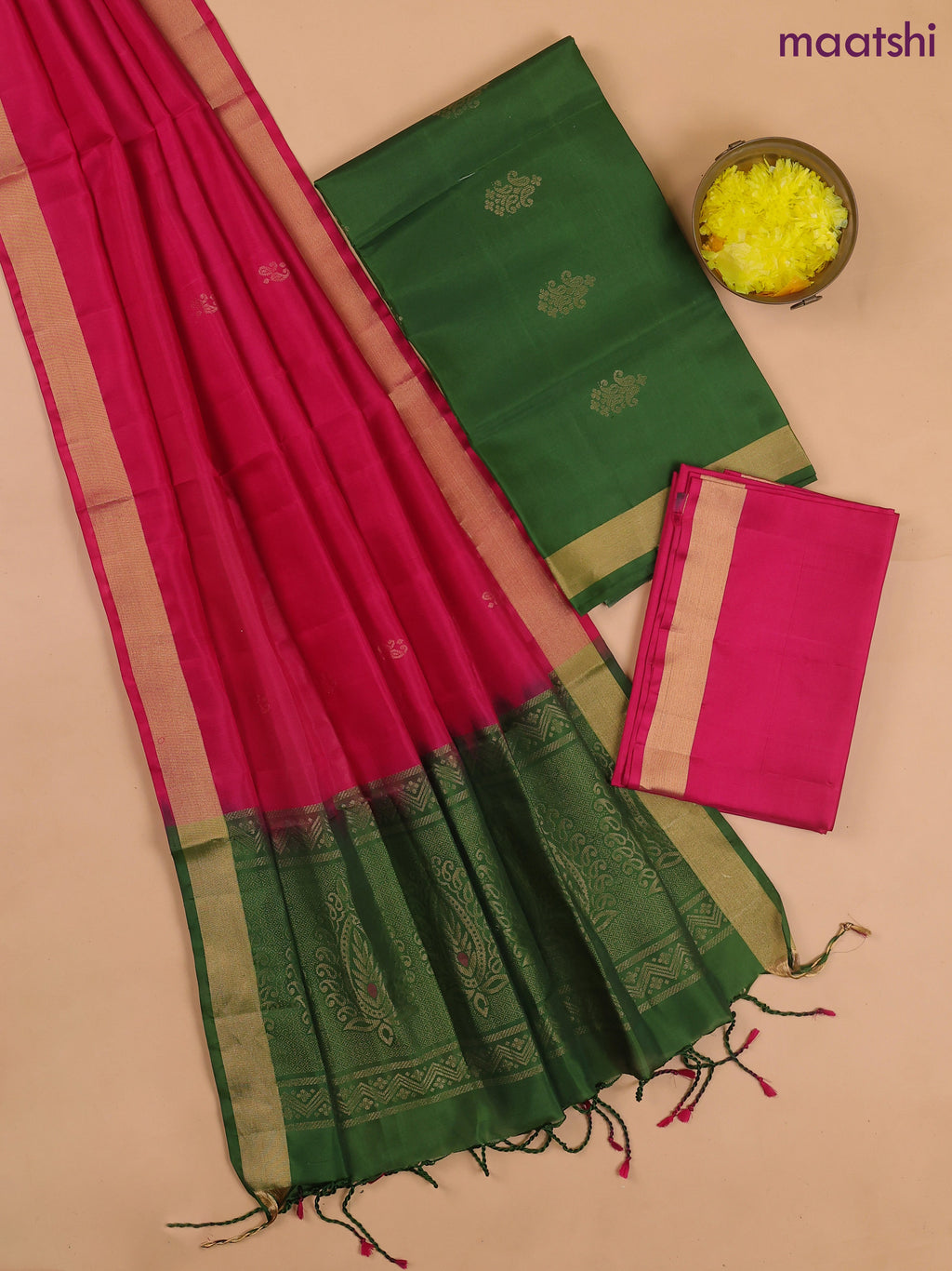 Bottle Green and Rani Pink Pure Silk Dress Material With Zari Buttas