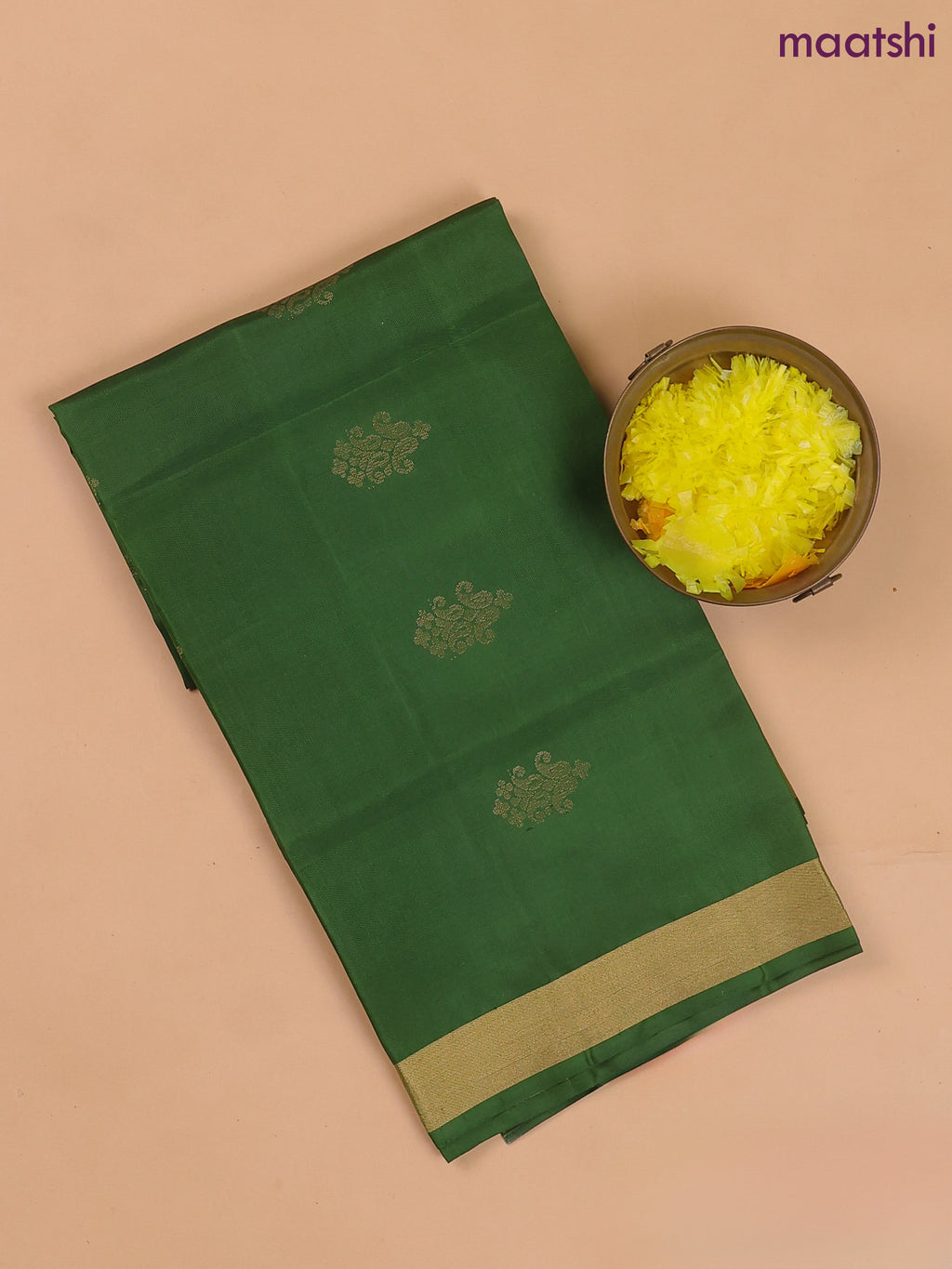 Bottle Green and Rani Pink Pure Silk Dress Material With Zari Buttas