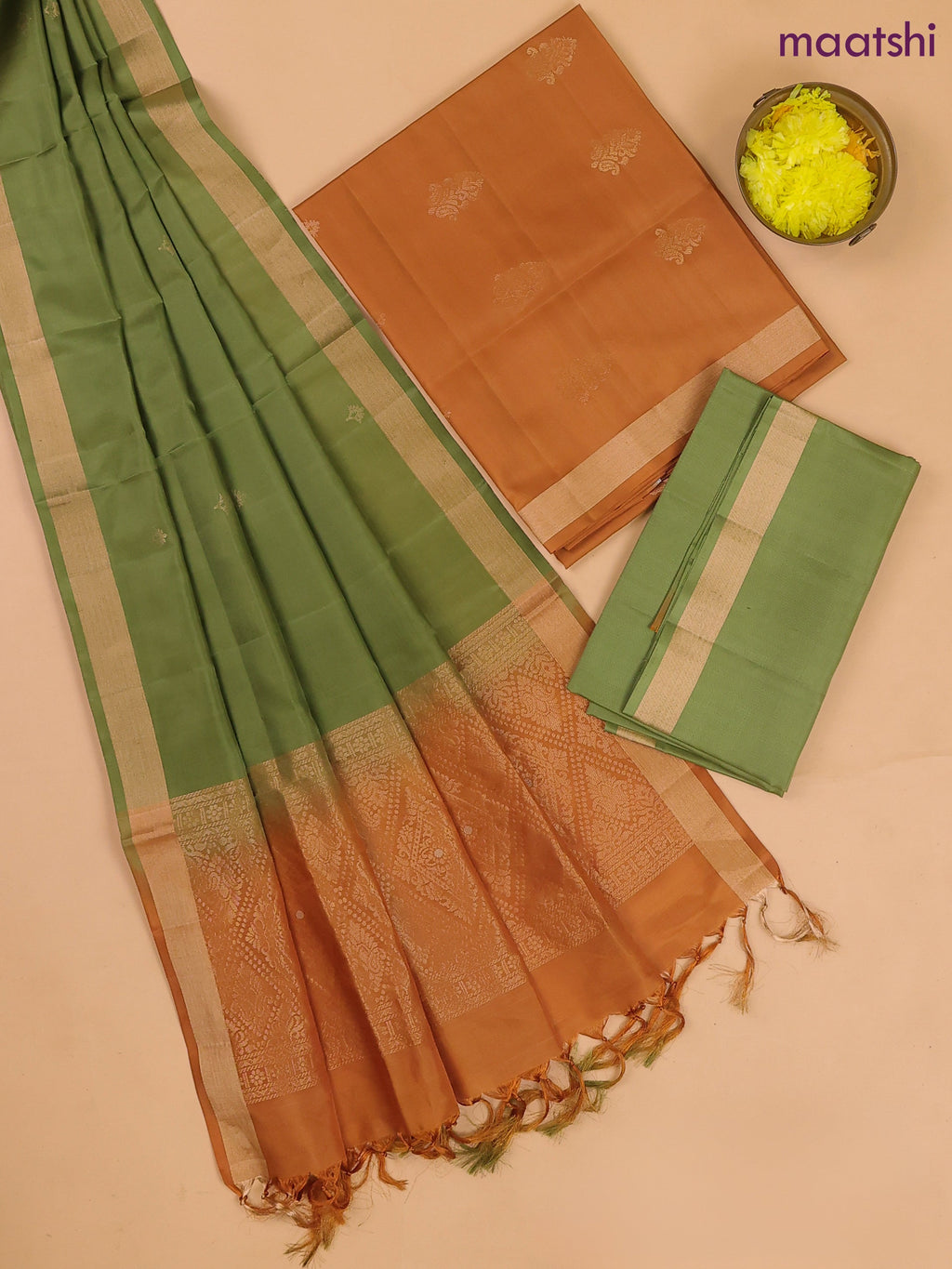 Dark Mustard and Pastel Green Pure Silk Dress Material With Zari Buttas