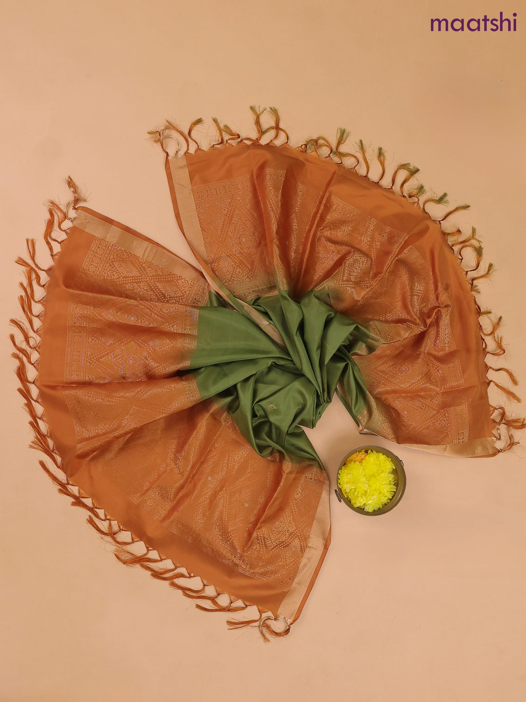 Dark Mustard and Pastel Green Pure Silk Dress Material With Zari Buttas