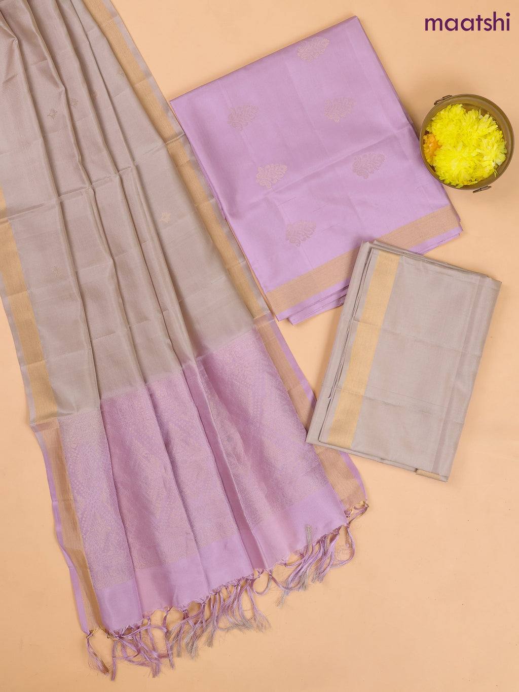 Pastel Lavender and Gray Pure Silk Dress Material With Zari Buttas