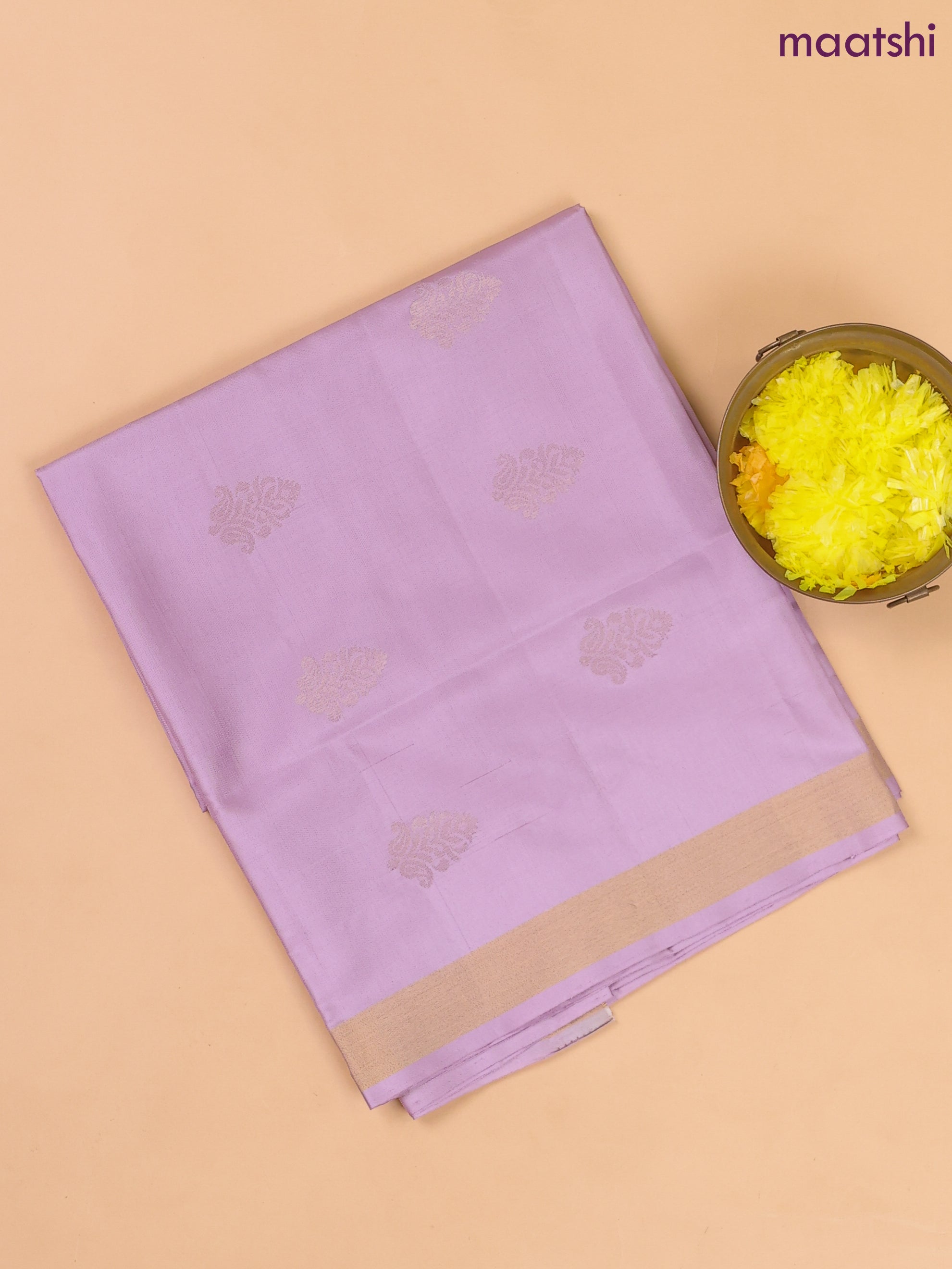 Pastel Lavender and Gray Pure Silk Dress Material With Zari Buttas
