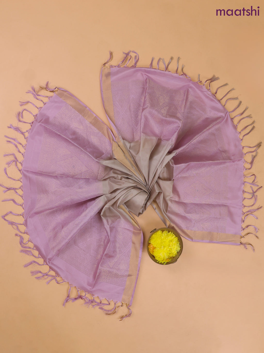 Pastel Lavender and Gray Pure Silk Dress Material With Zari Buttas