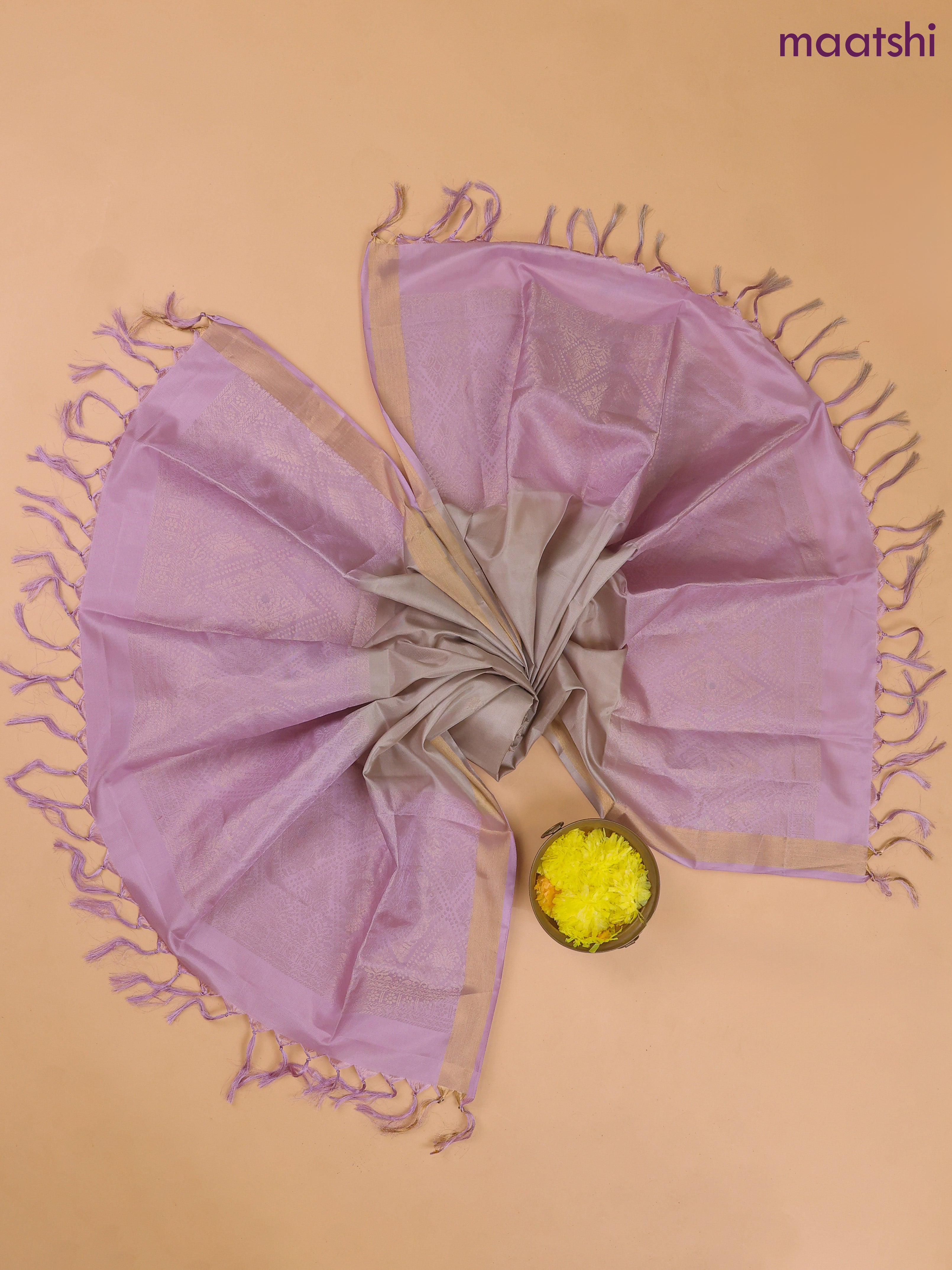 Pastel Lavender and Gray Pure Silk Dress Material With Zari Buttas