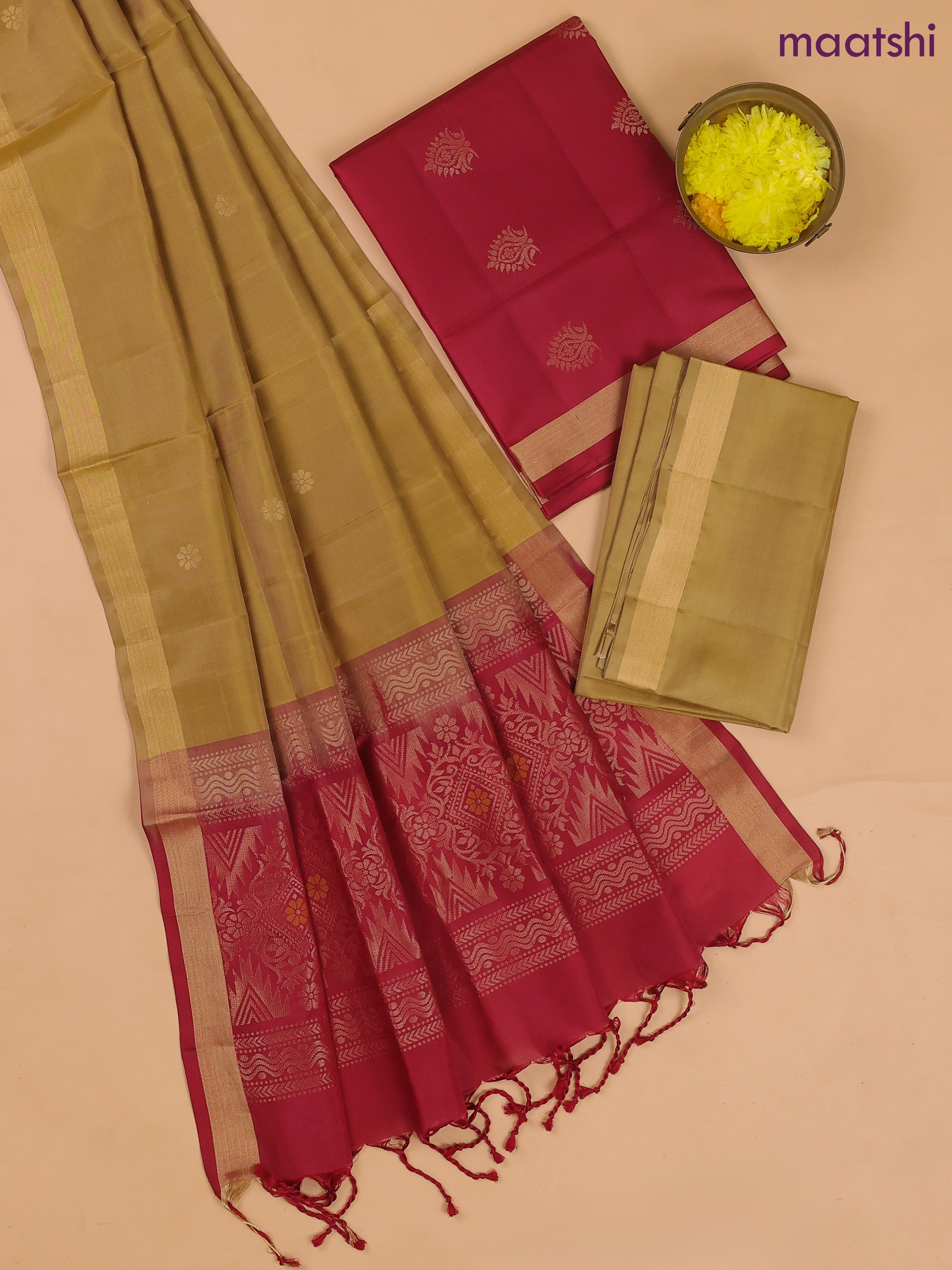 Maroon and Dark Mustard Pure Silk Dress Material With Zari Buttas