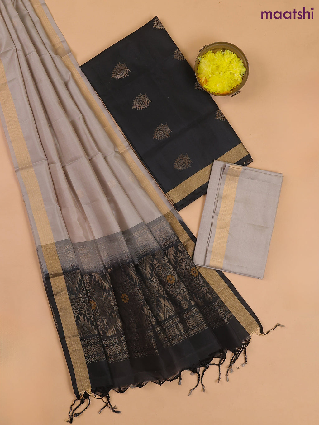 Black and Grey Pure Silk Dress Material With Zari Buttas