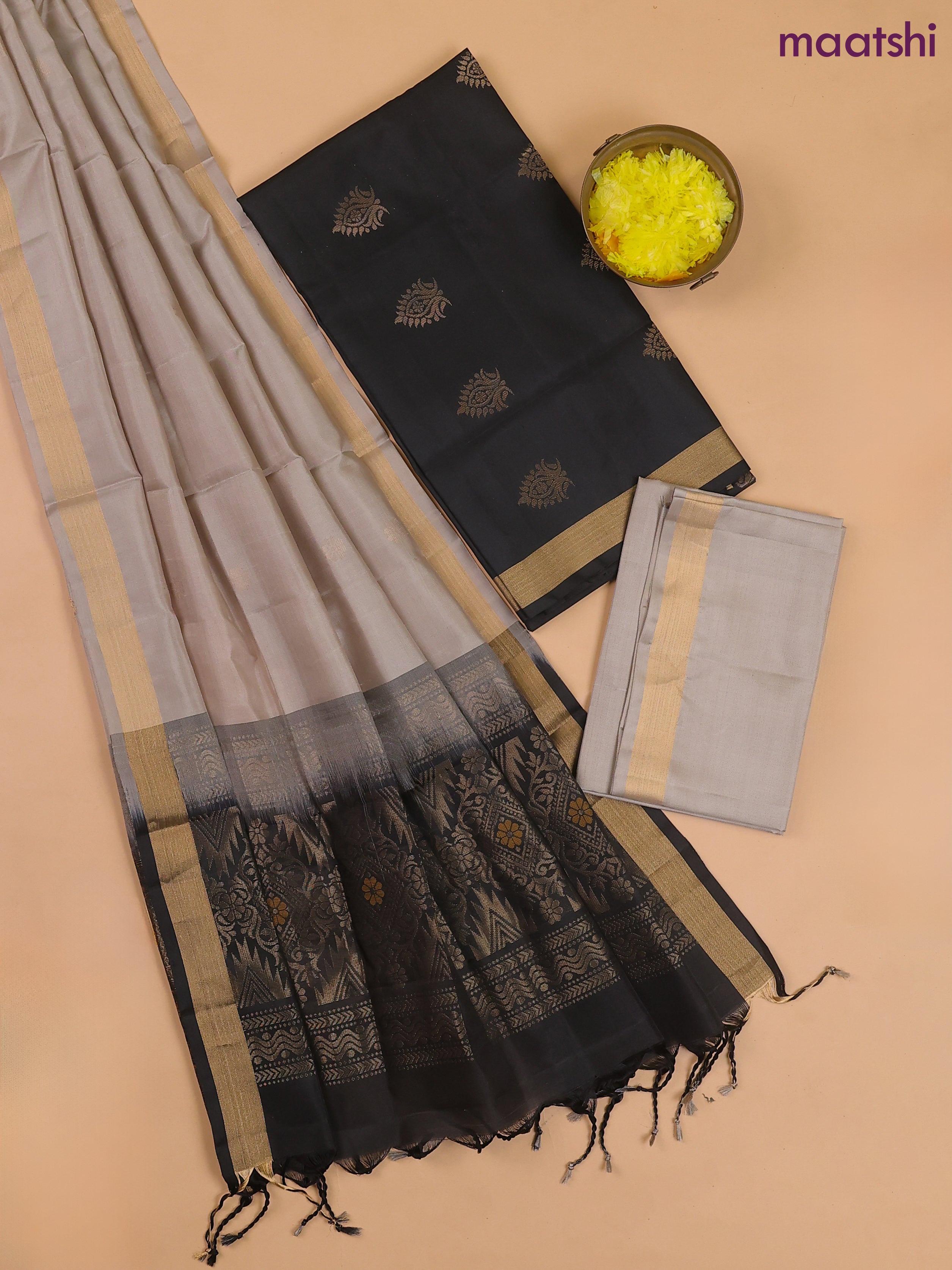 Black and Grey Pure Silk Dress Material With Zari Buttas