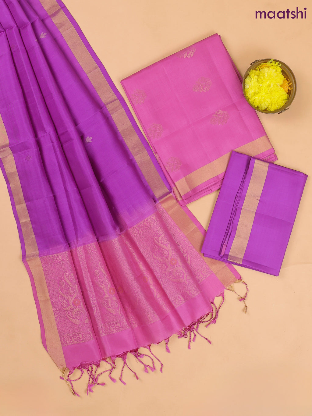 Lotus Pink and Purple Pure Silk Dress Material With Zari Buttas