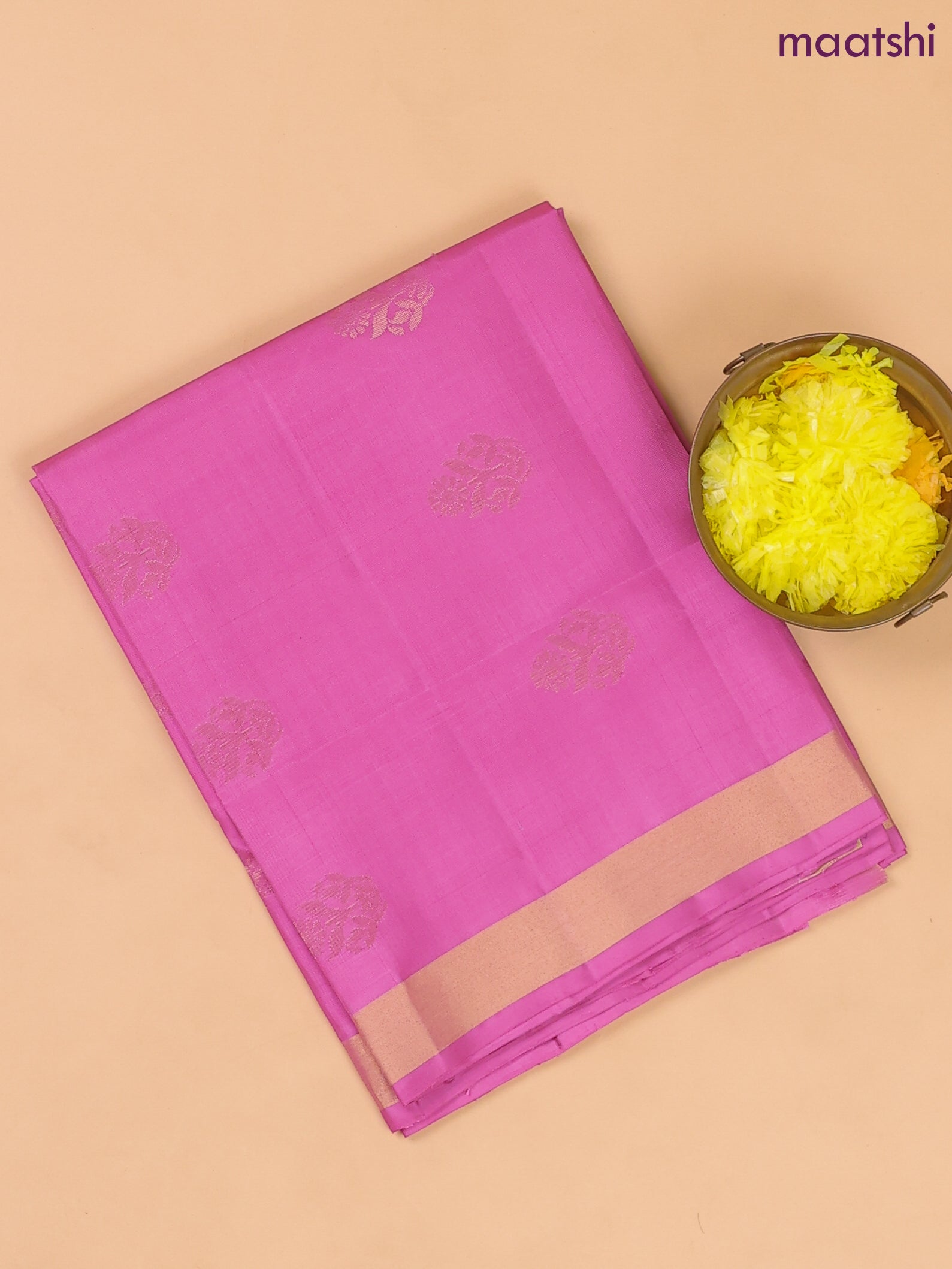 Lotus Pink and Purple Pure Silk Dress Material With Zari Buttas