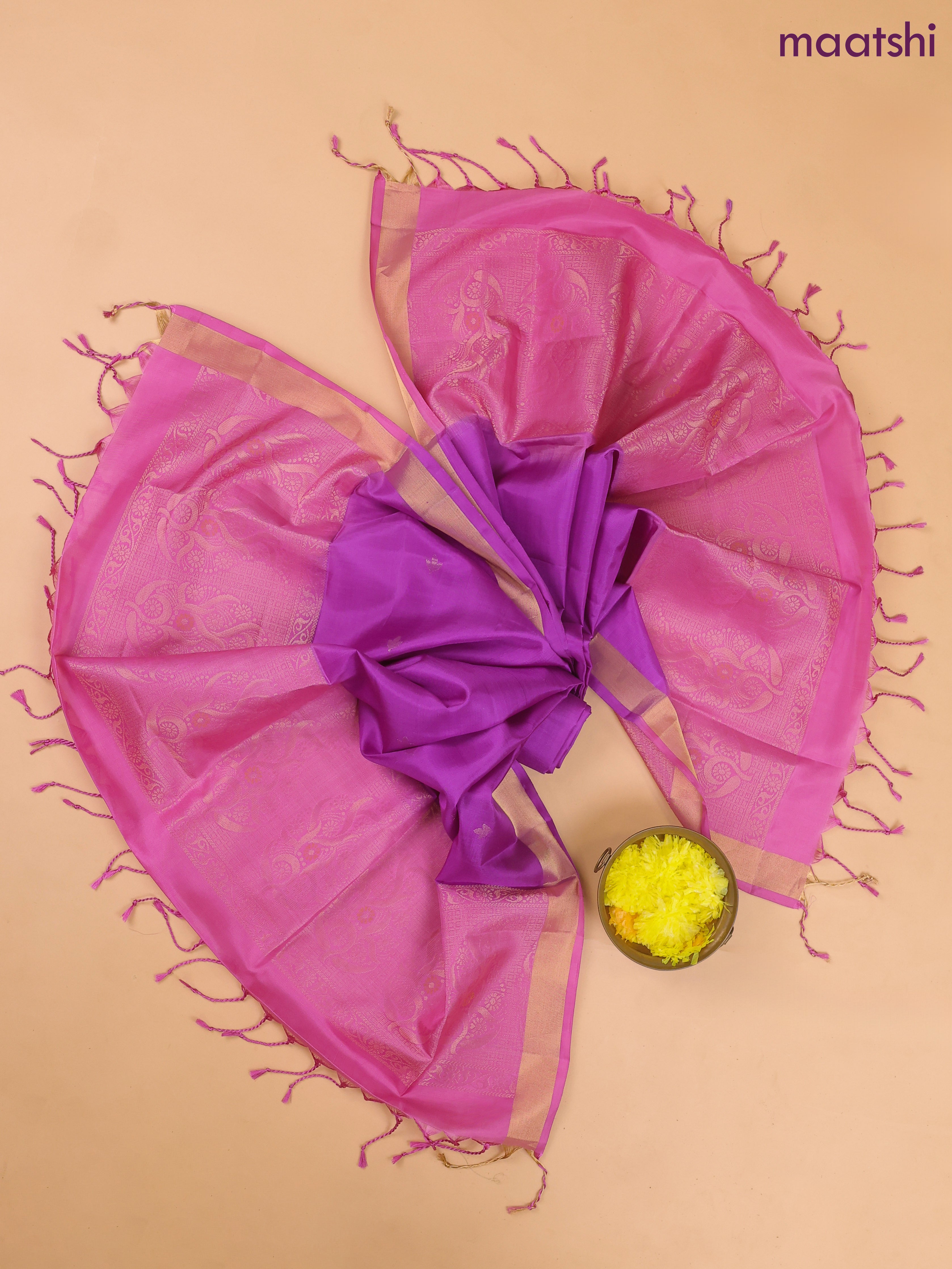 Lotus Pink and Purple Pure Silk Dress Material With Zari Buttas