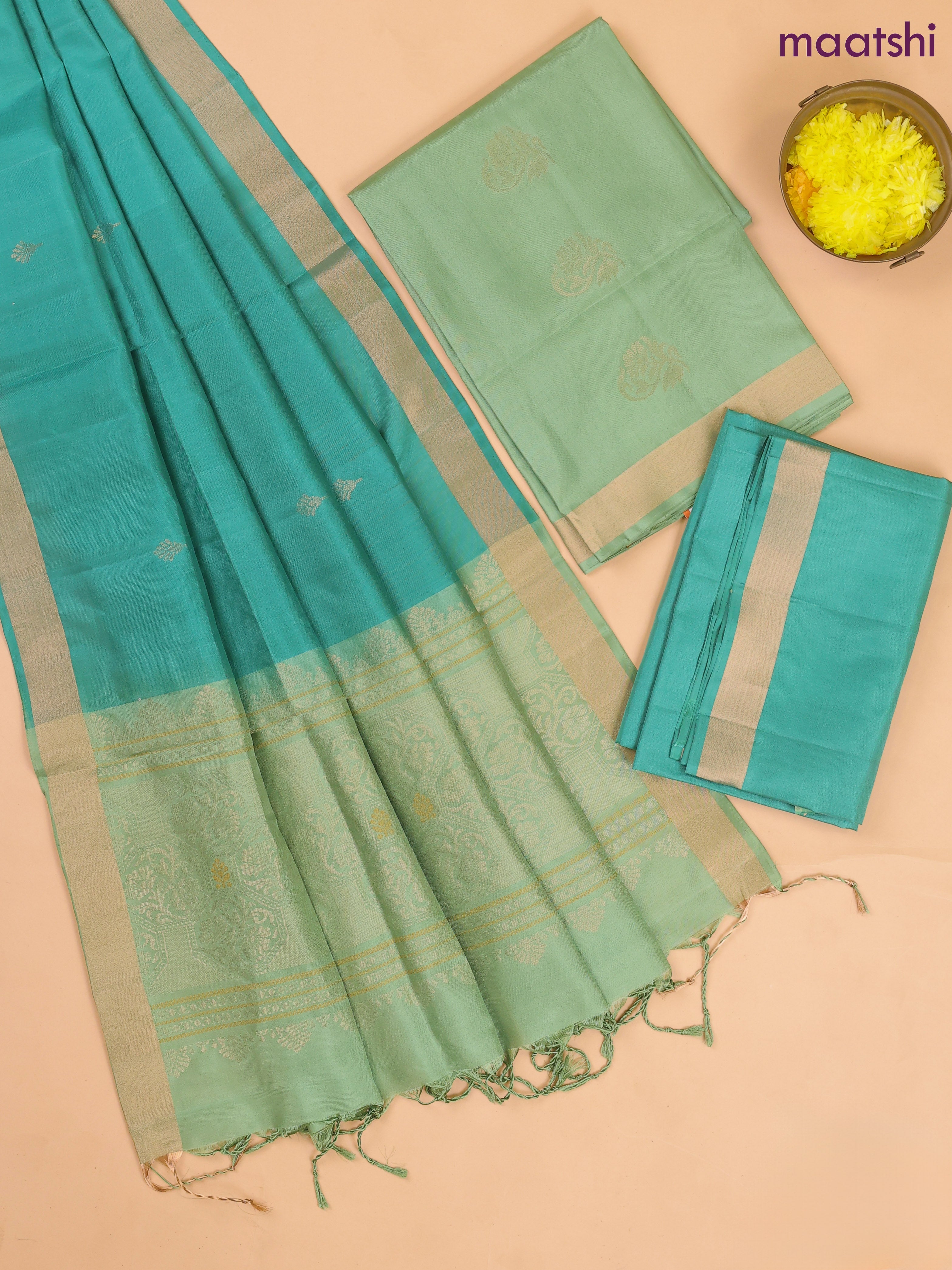 Pastel Green and Teal Green Pure Silk Dress Material With Zari Buttas