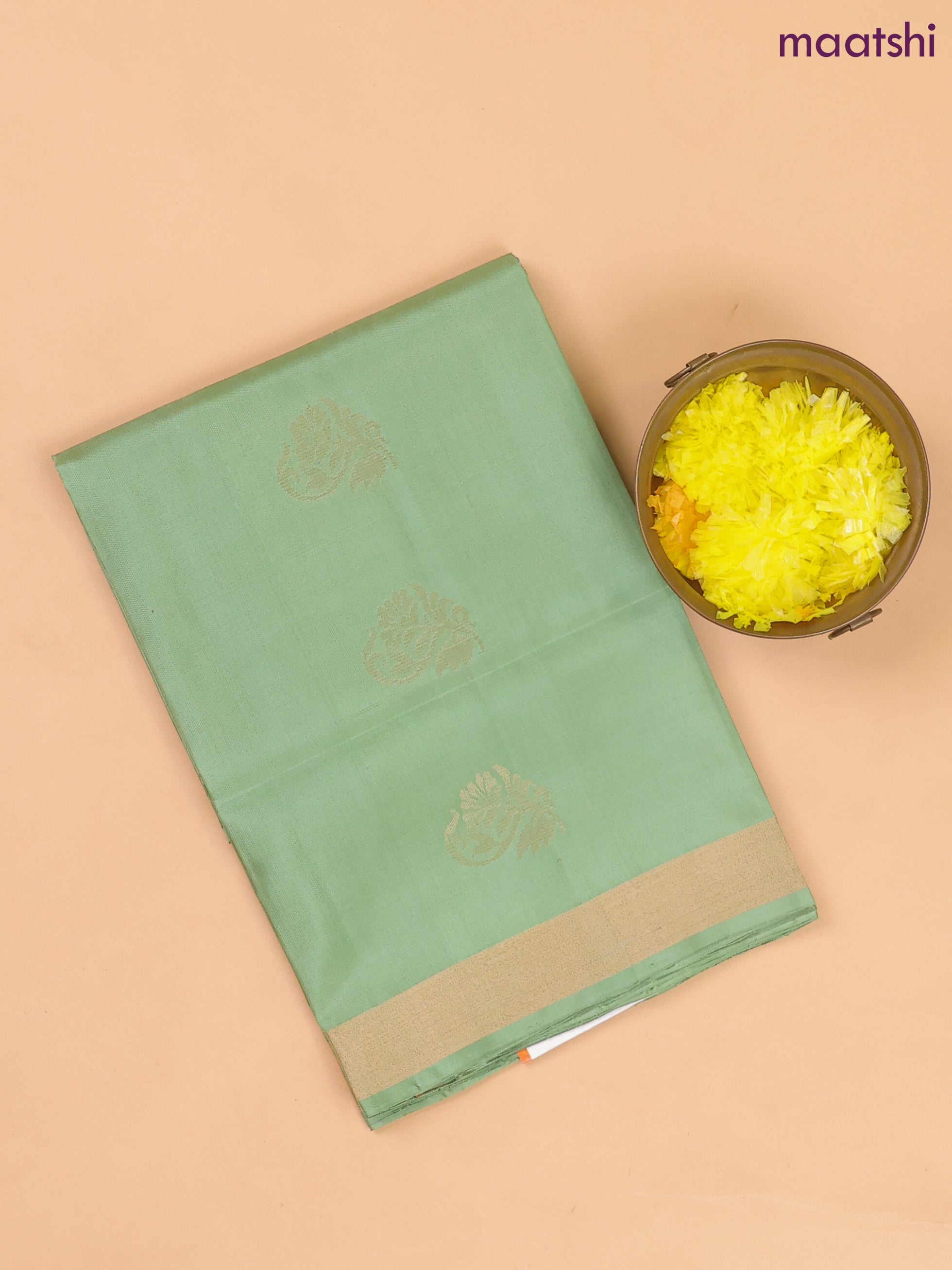 Pastel Green and Teal Green Pure Silk Dress Material With Zari Buttas