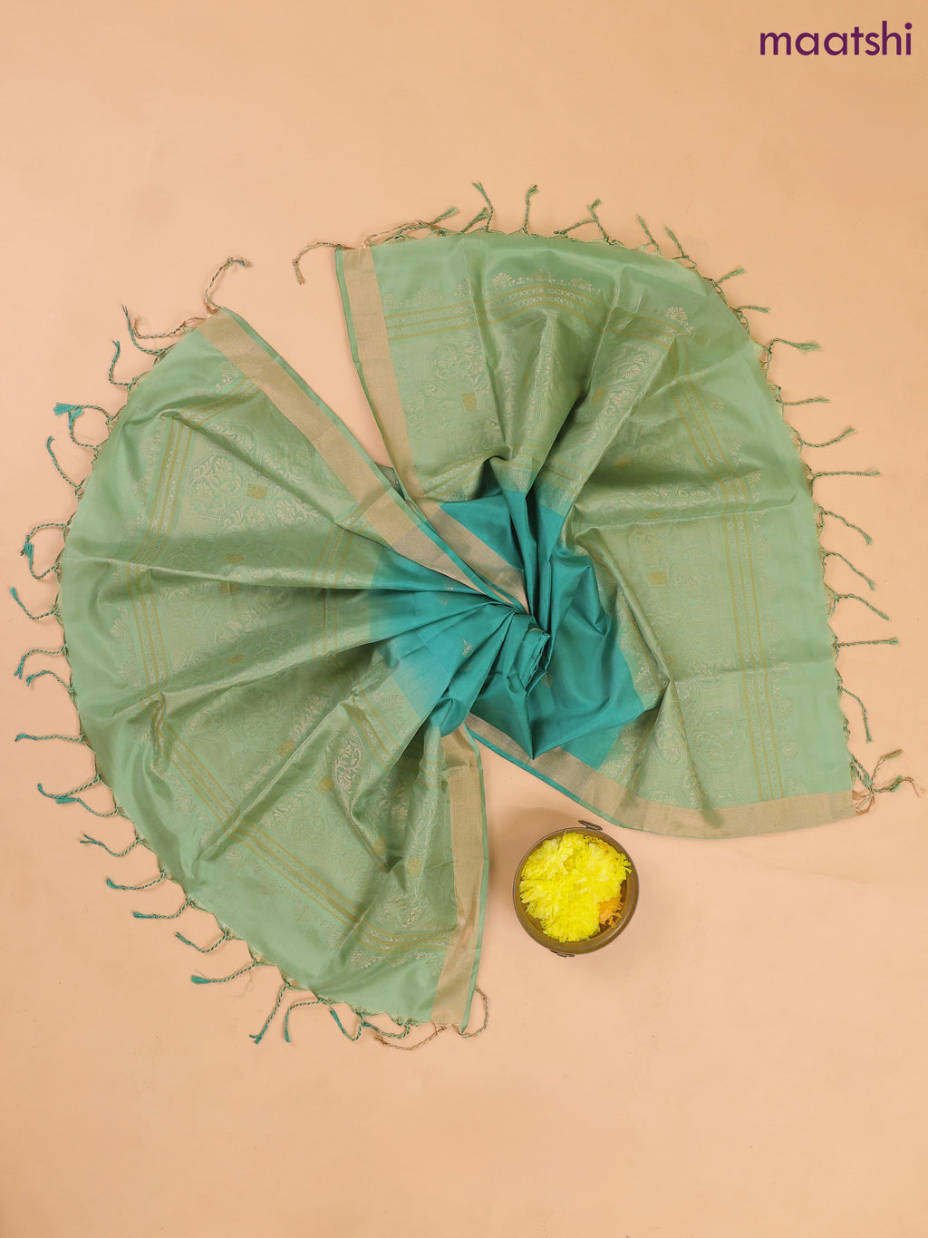 Pastel Green and Teal Green Pure Silk Dress Material With Zari Buttas