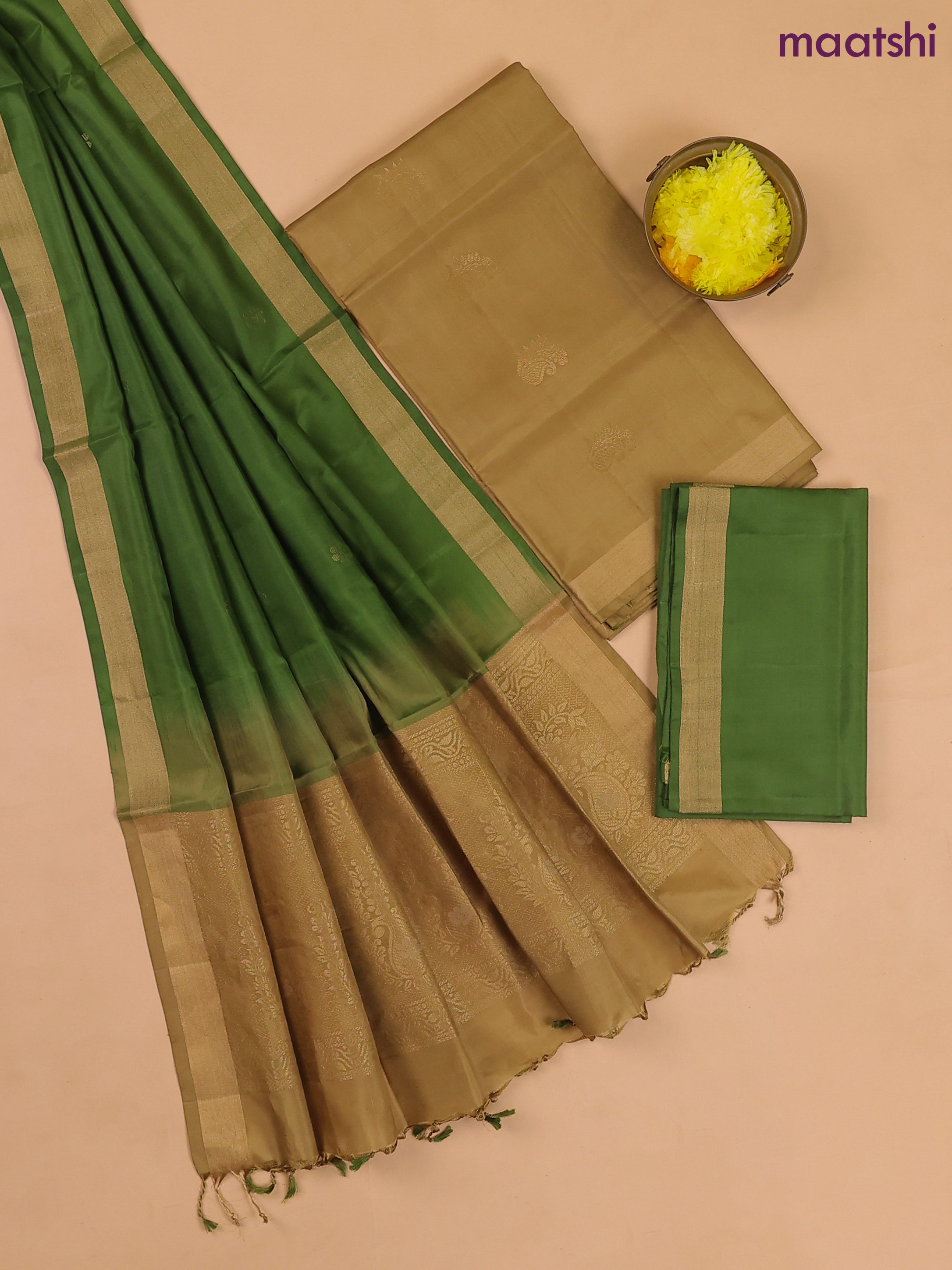 Dark Sandal and Sap Green Pure Silk Dress Material With Zari Buttas
