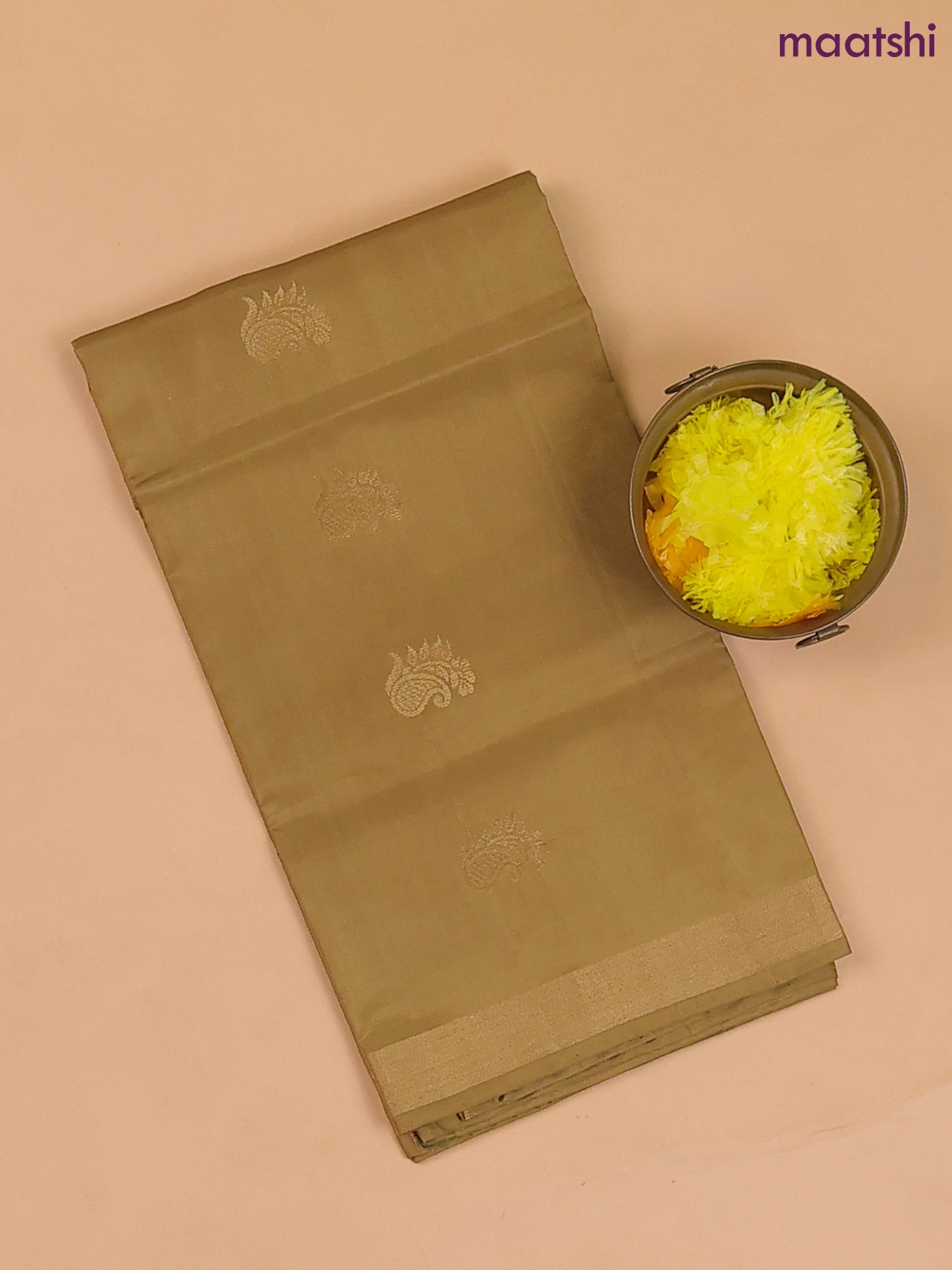 Dark Sandal and Sap Green Pure Silk Dress Material With Zari Buttas