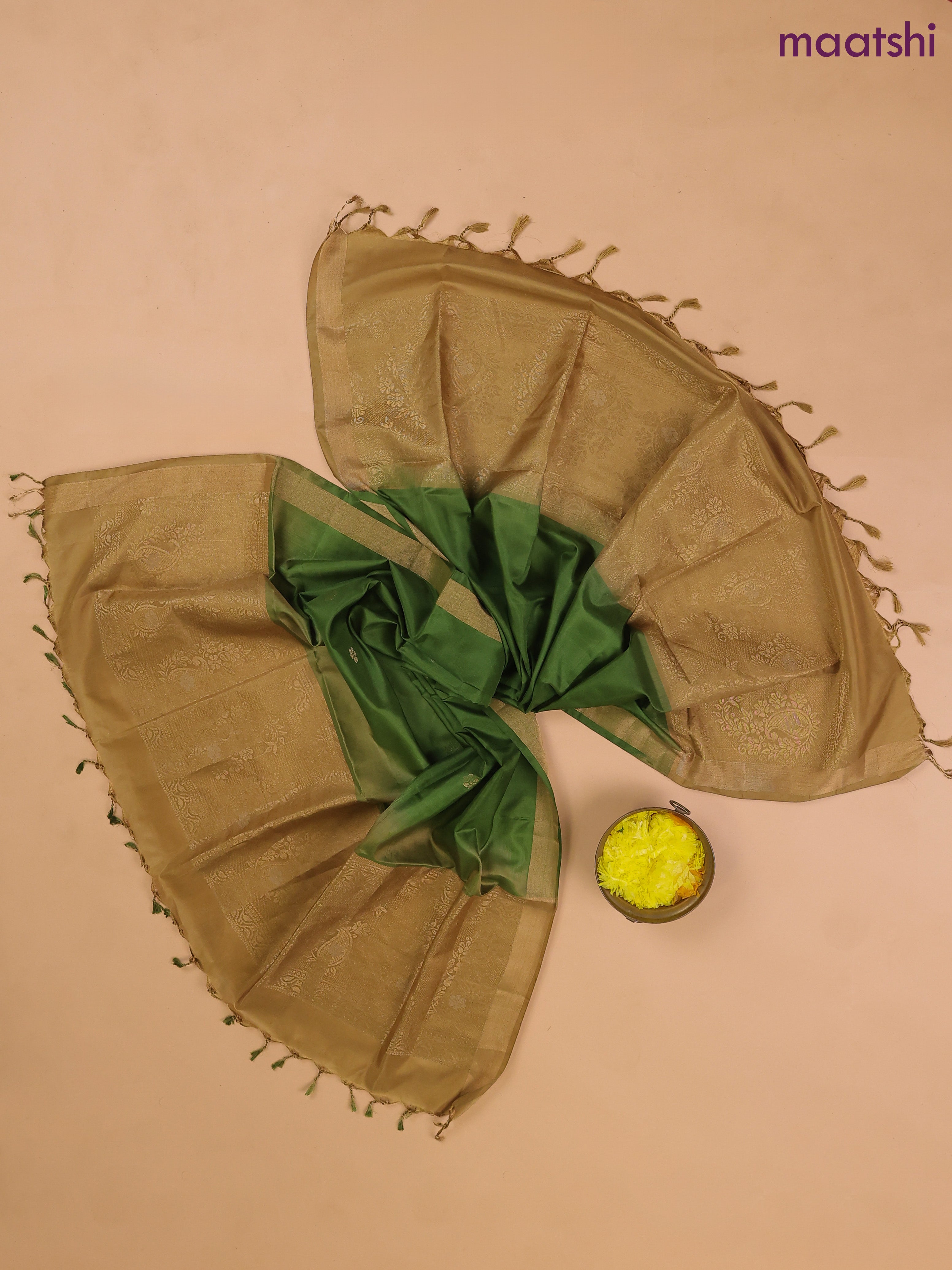 Dark Sandal and Sap Green Pure Silk Dress Material With Zari Buttas