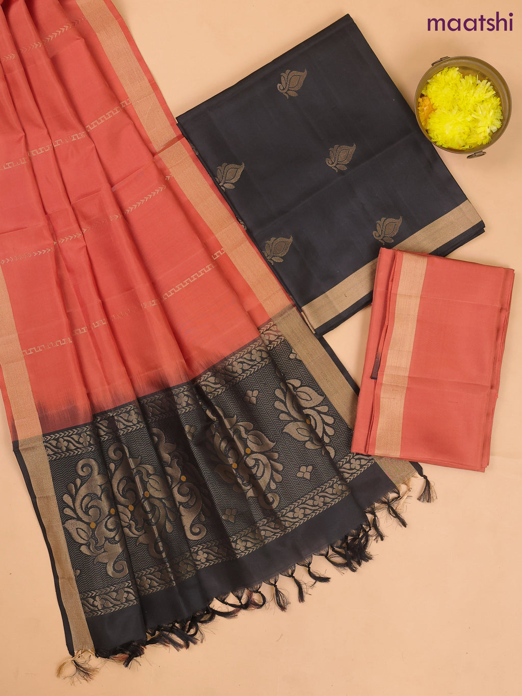 Black and Rust Pure Silk Dress Material With Zari Buttas