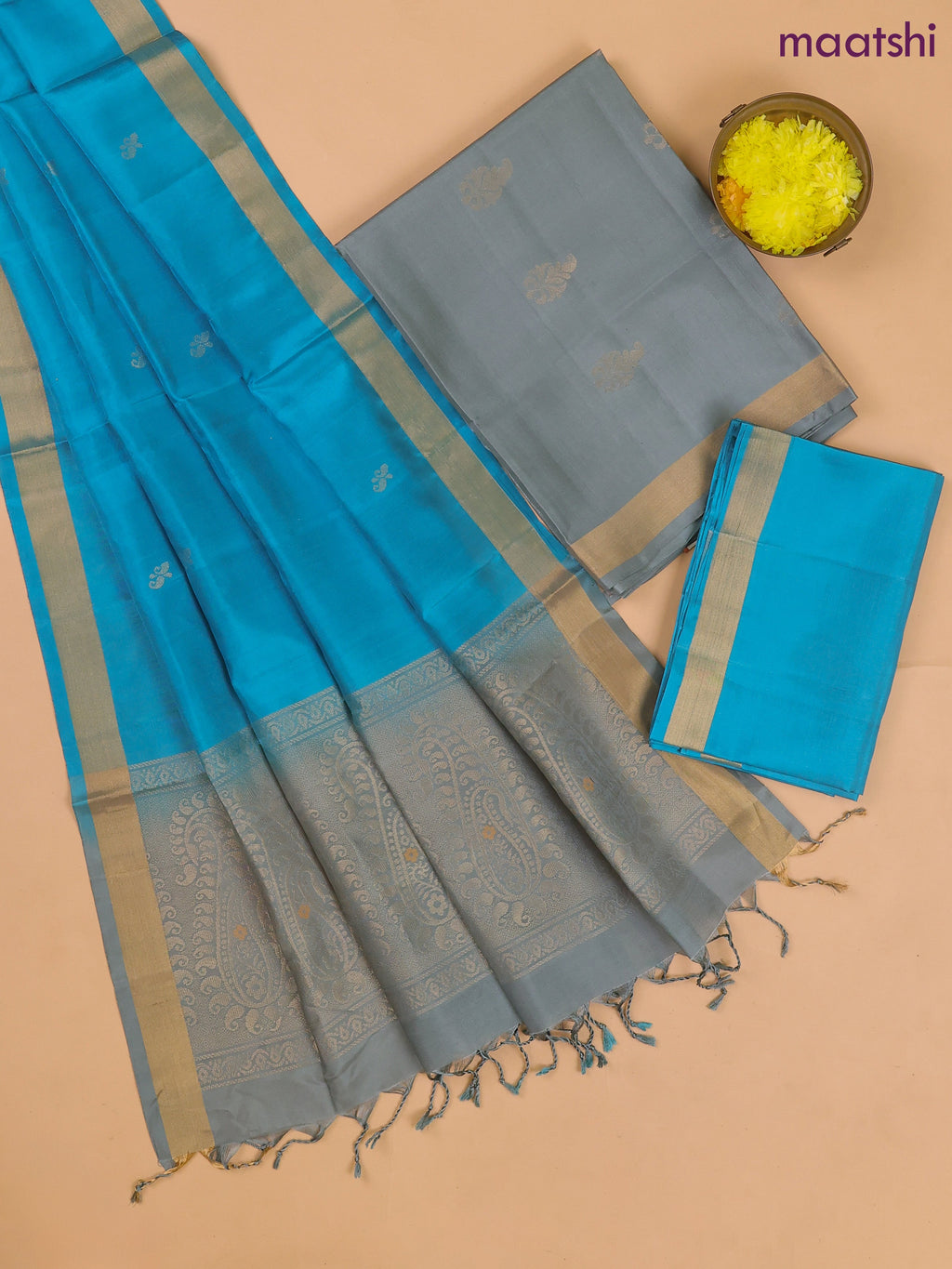 Grayish Blue and Cs Blue Pure Silk Dress Material With Zari Buttas