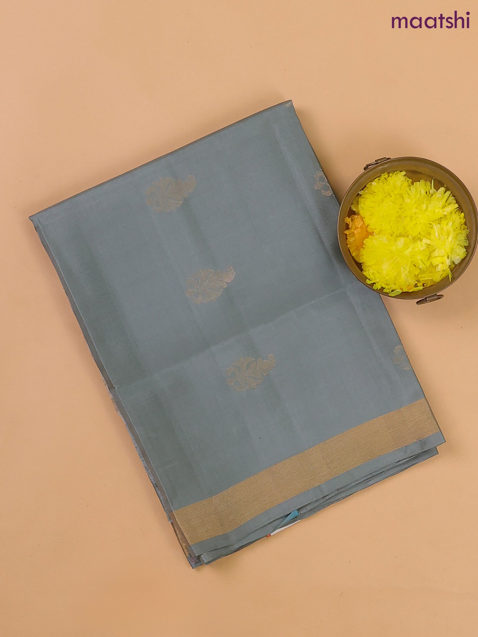 Grayish Blue and Cs Blue Pure Silk Dress Material With Zari Buttas